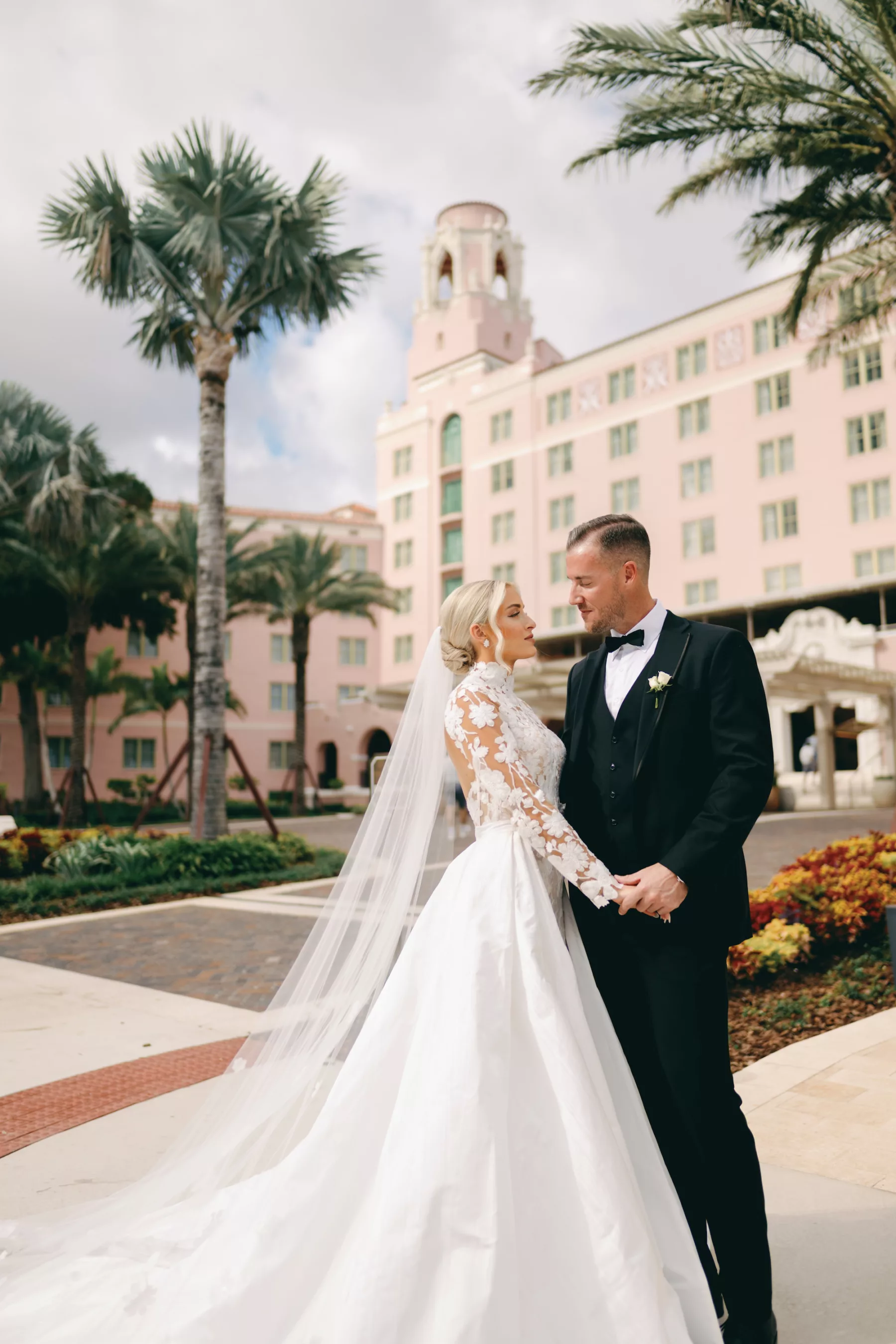 Bride and Groom First Look Wedding Portrait | St Pete Historic Hotel Venue The Vinoy