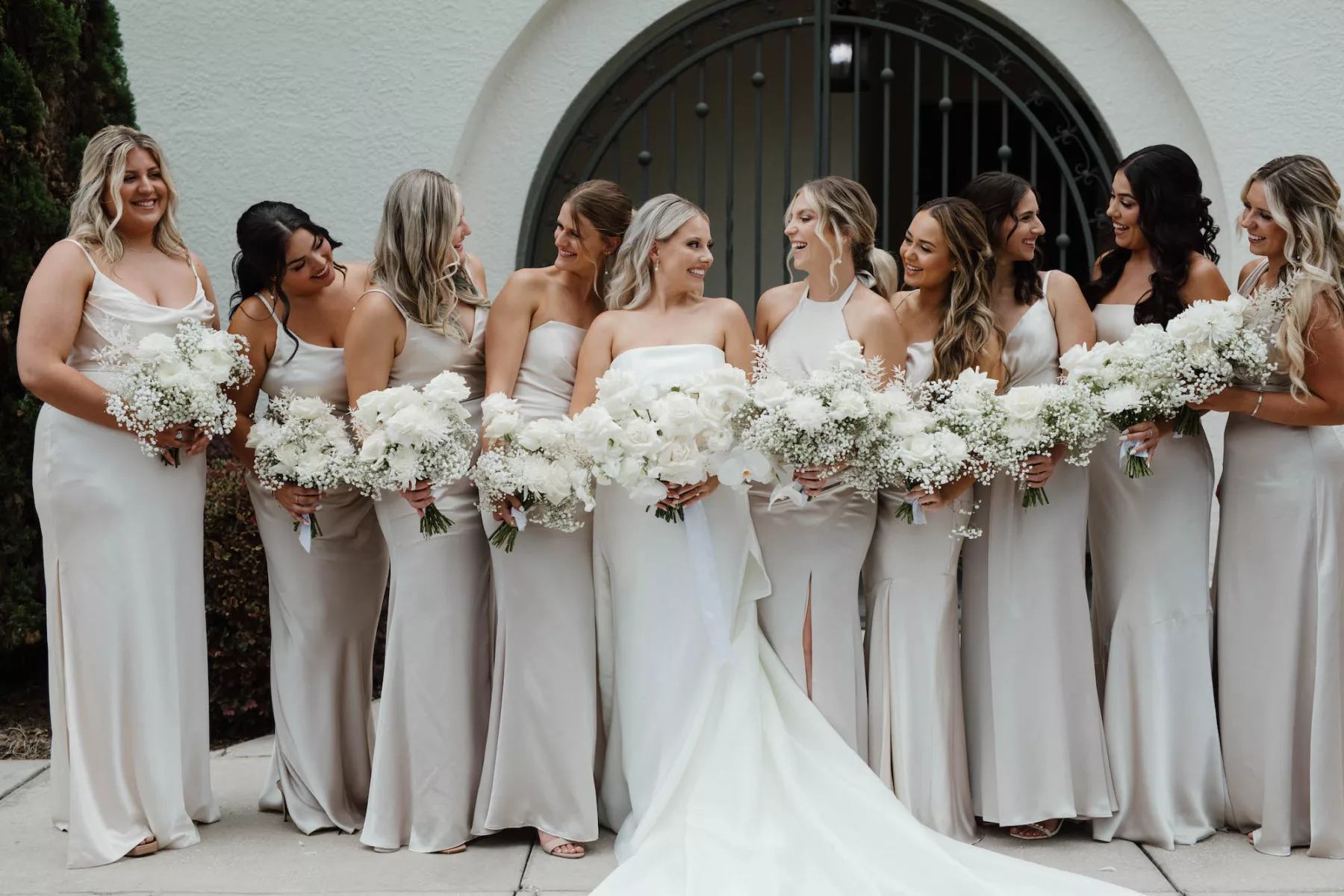 Mismatched Neutral Champagne Satin Bridesmaids Dresses Inspiration | White Roses and Baby's Breath Wedding Day Bouquet Ideas