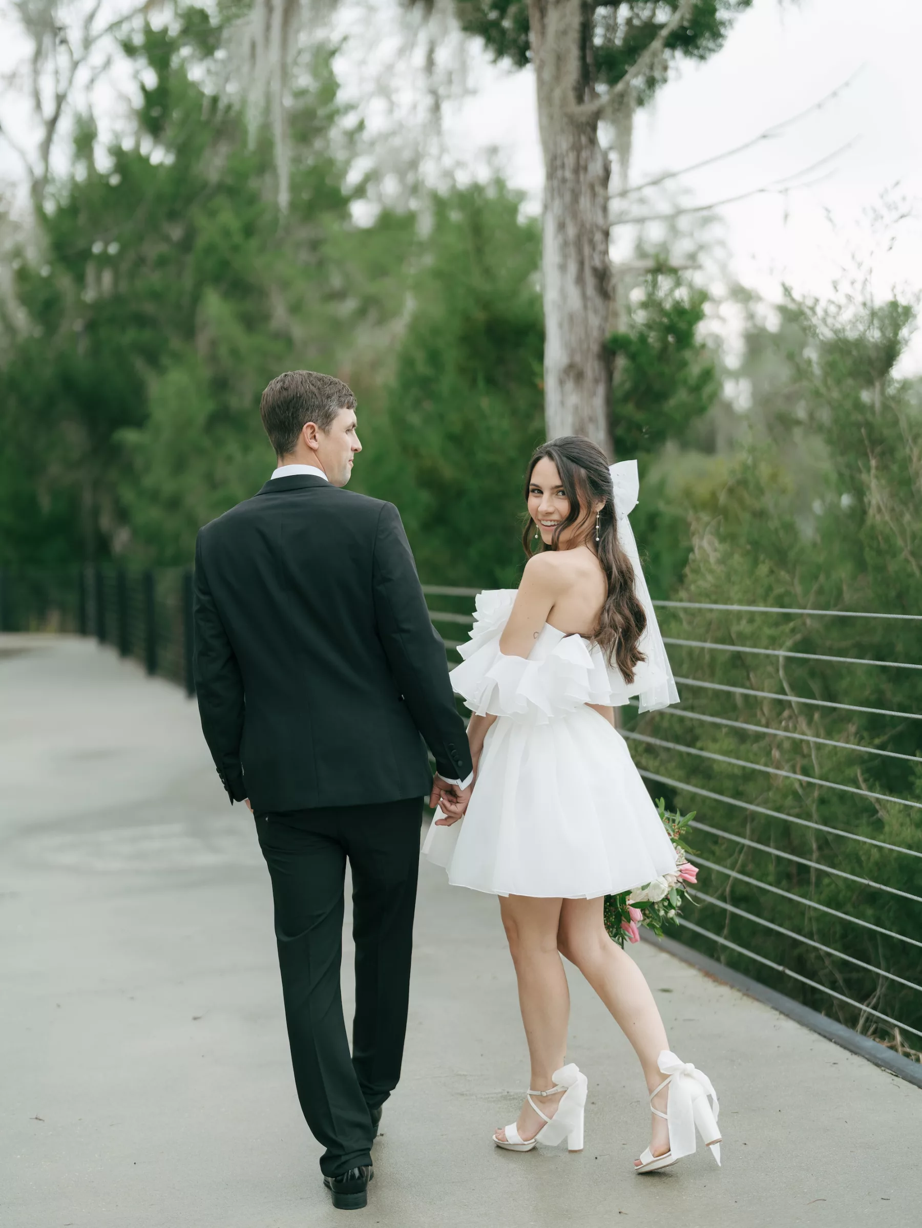 Bride and Groom Just Married Wedding Portrait | Off the Shoulder Ruffle Mini Wedding Dress Inspiration | Tampa Bay Photographer Amber Yonker Photography