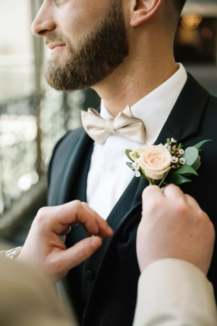 Blush Pink Rose, Wax Flower, and Greenery Wedding Boutonniere Ideas | Tampa Bay Florist Marigold Flower Co