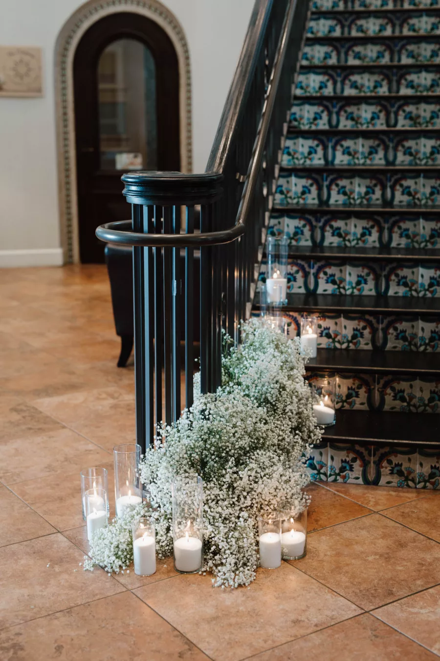 Baby's Breath and Candle Wedding Stair Decor Ideas