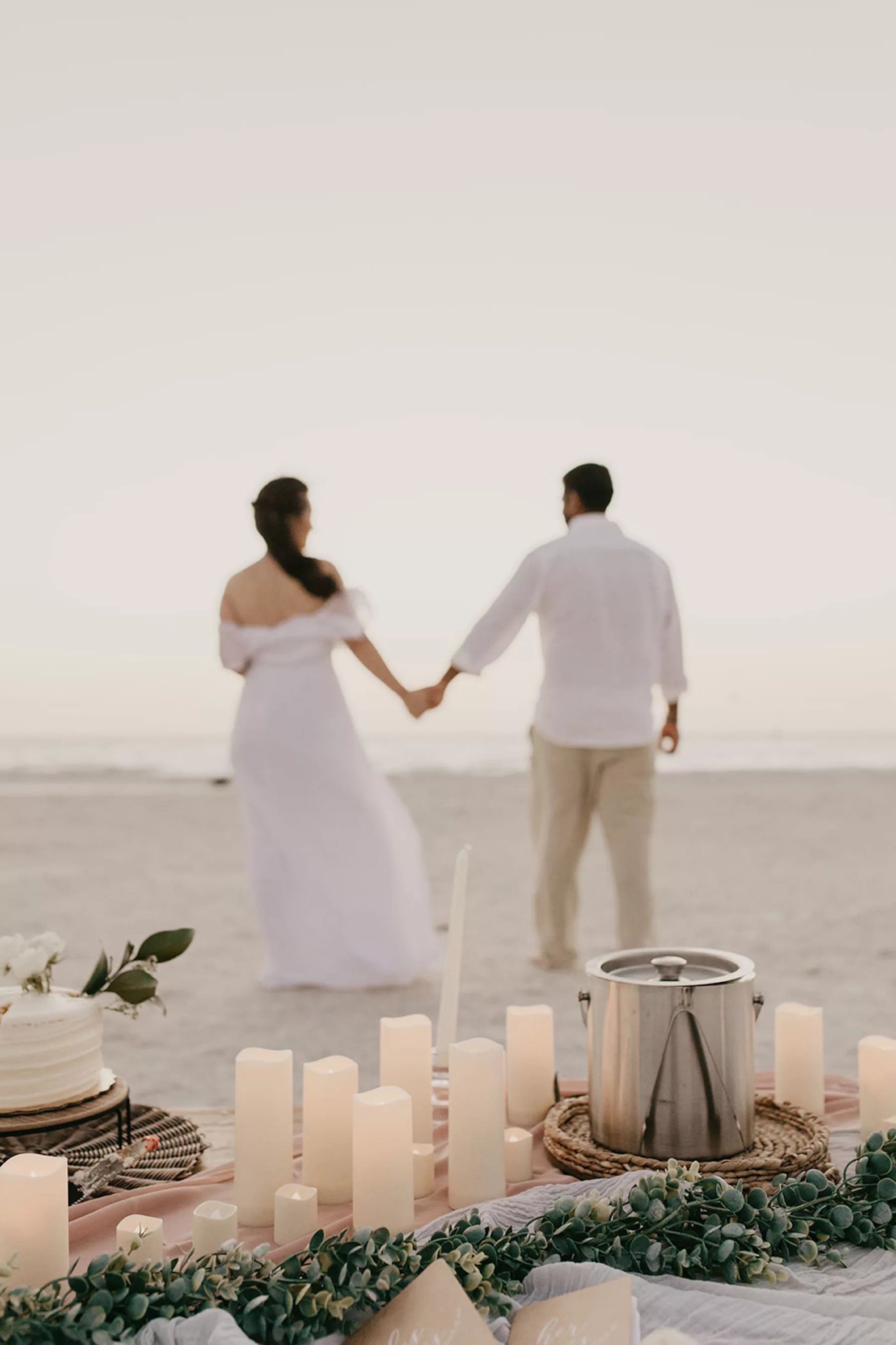Intimate Bride and Groom Beach Wedding Elopement Decor Inspiration | Flameless Candles, Greenery Garland Ideas