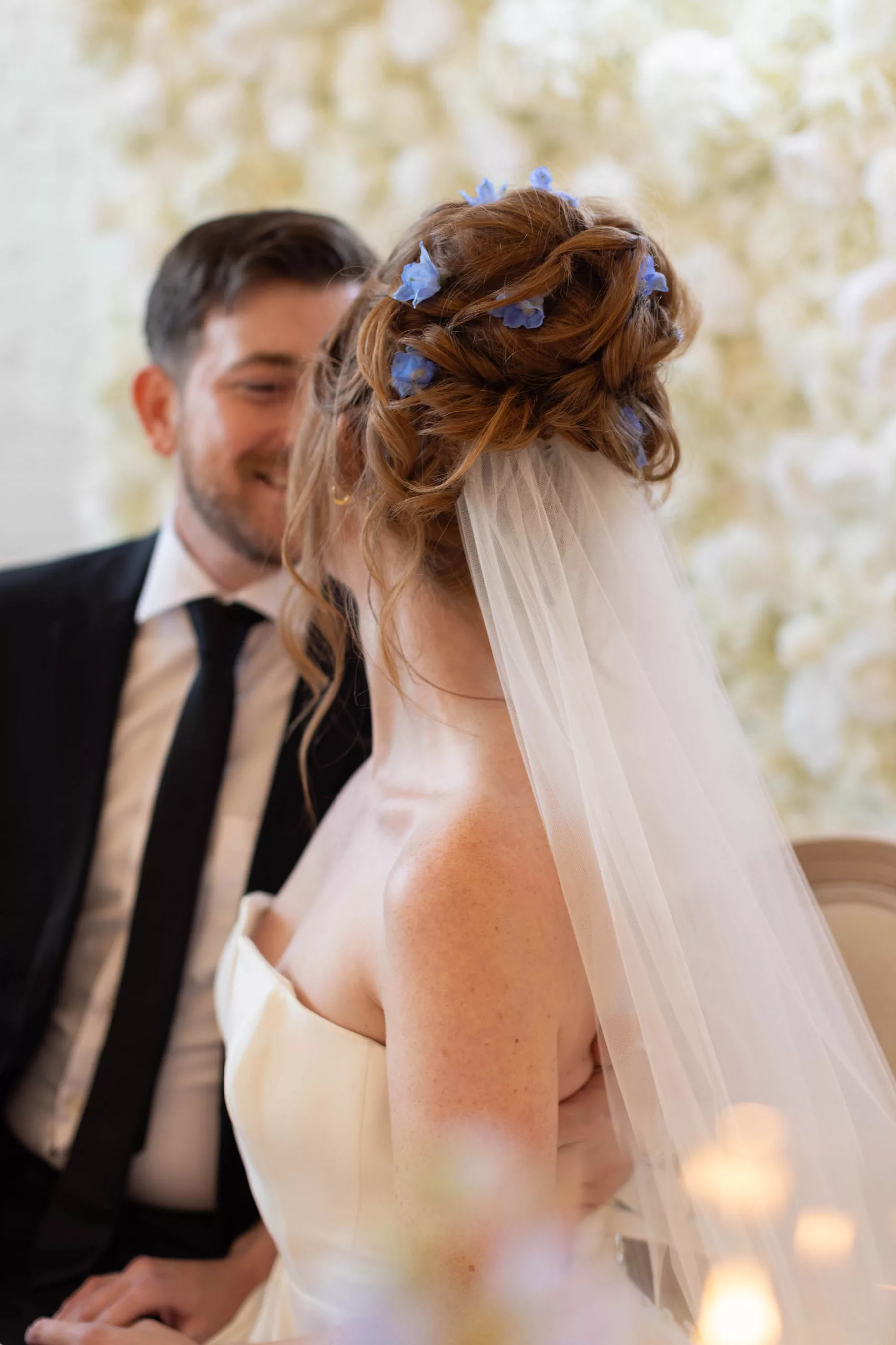 Whimsical Bridal Wedding Hair Updo with Blue Flowers Inspiration | Tampa Hair and Makeup Femme Akoi Beauty Studio