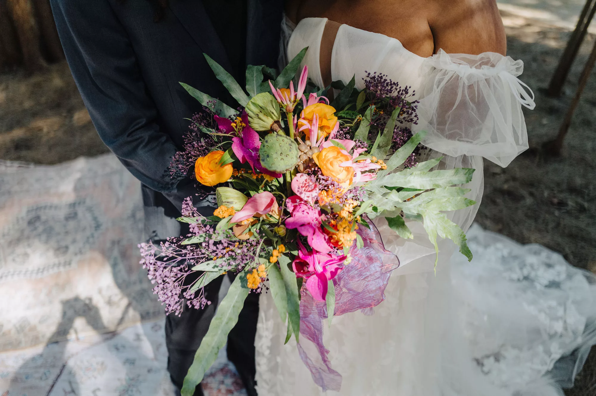 Whimsical Orange Anemones, and Roses, Purple and Pink Flower Wedding Bouquet Ideas