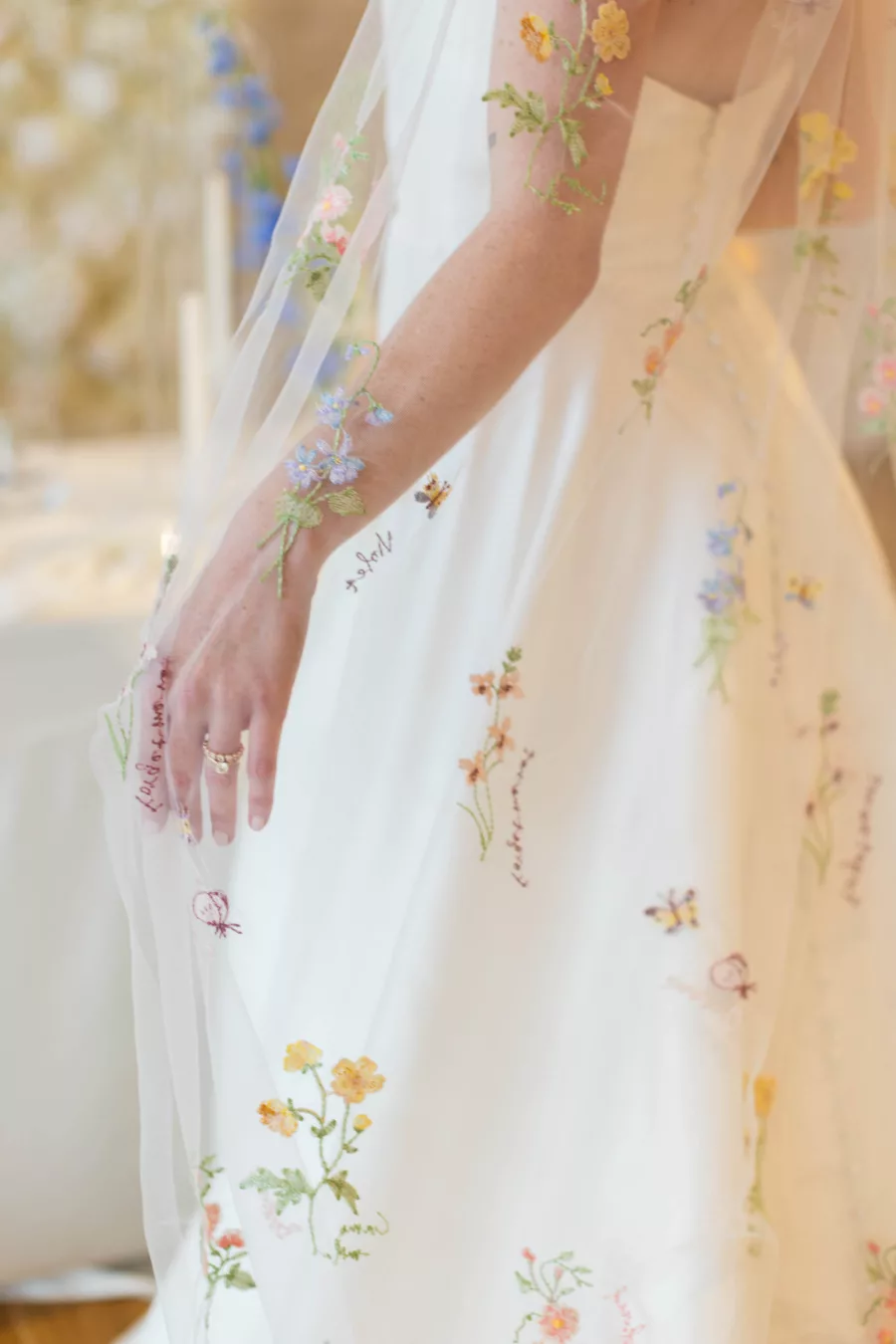 Whimsical Embroidered Spring Floral Wedding Veil and Dress Inspiration