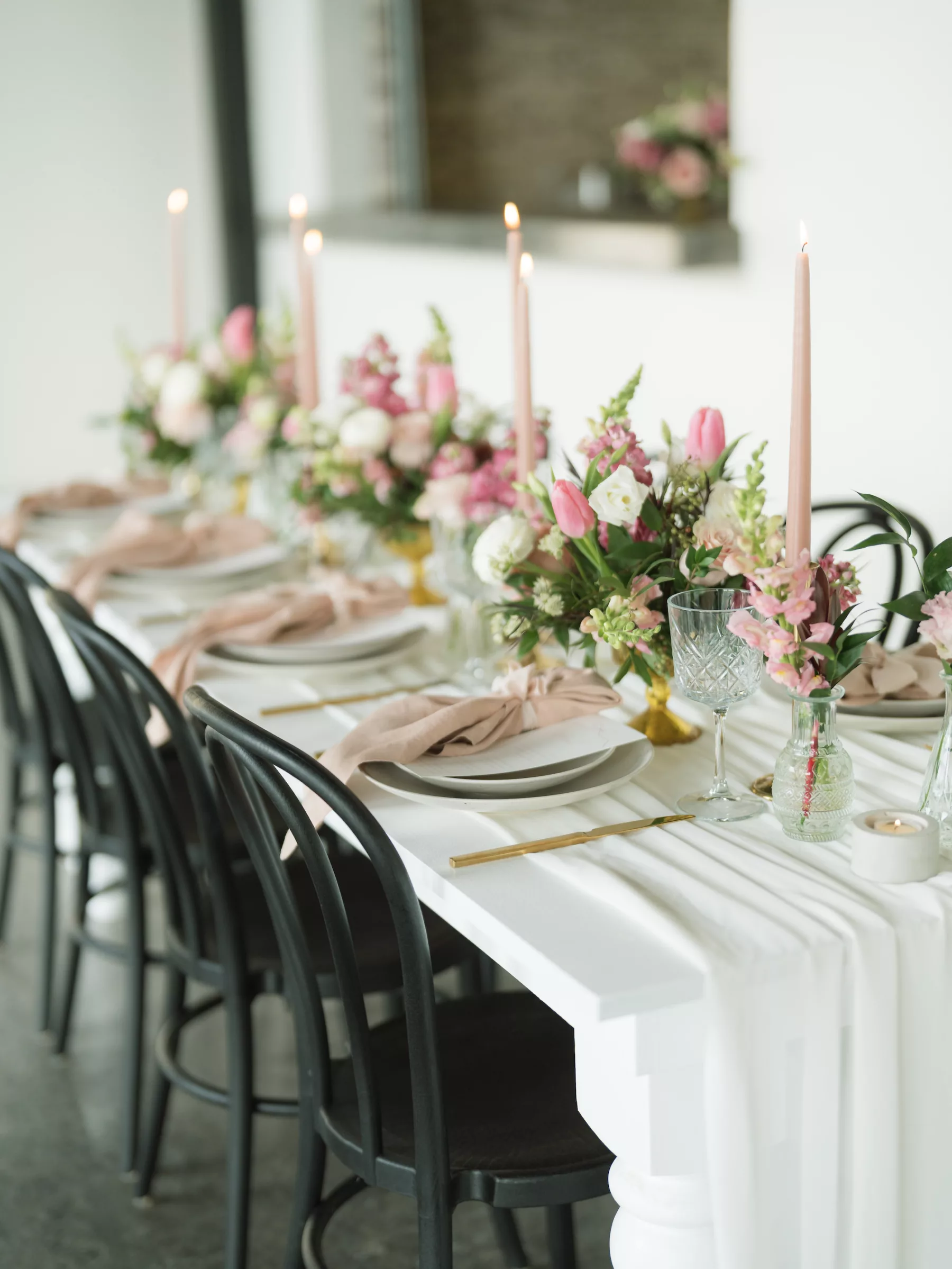 Flirty Blush Pink Wedding Reception Tablescape Place Setting Inspiration | White Anemone, Pink Roses, Tulips, and Stock Flower, Pink Taper Candle Centerpiece Decor Ideas | Tampa Bay Florist Save The Date Florida