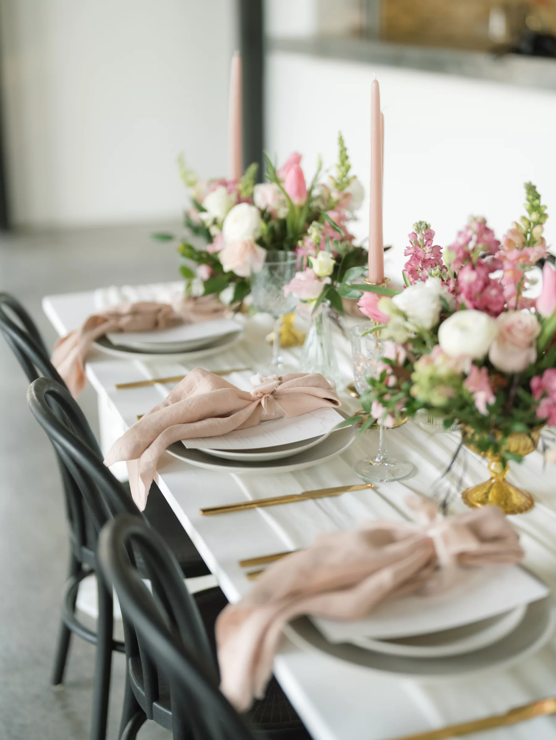Feminine Blush Pink Wedding Reception Tablescape Place Setting Inspiration | White Anemone, Pink Roses, Tulips, and Stock Flower, Pink Taper Candle Centerpiece Decor Ideas | Tampa Bay Florist Save The Date Florida