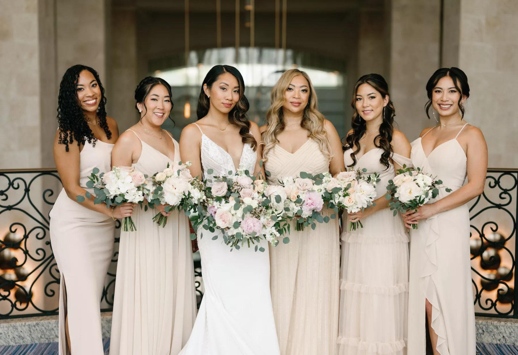 Spring Wedding Bouquet Inspiration with White Roses, Pink Garden Roses, Wax Flowers, Peony, and Greenery | Neutral Cream Mismatched Bridesmaid Dress Ideas | Romantic Bridal Hair and Makeup | Tampa Bay Florist Marigold Flower Co | Hair and Makeup Artist Femme Akoi Beauty Studio