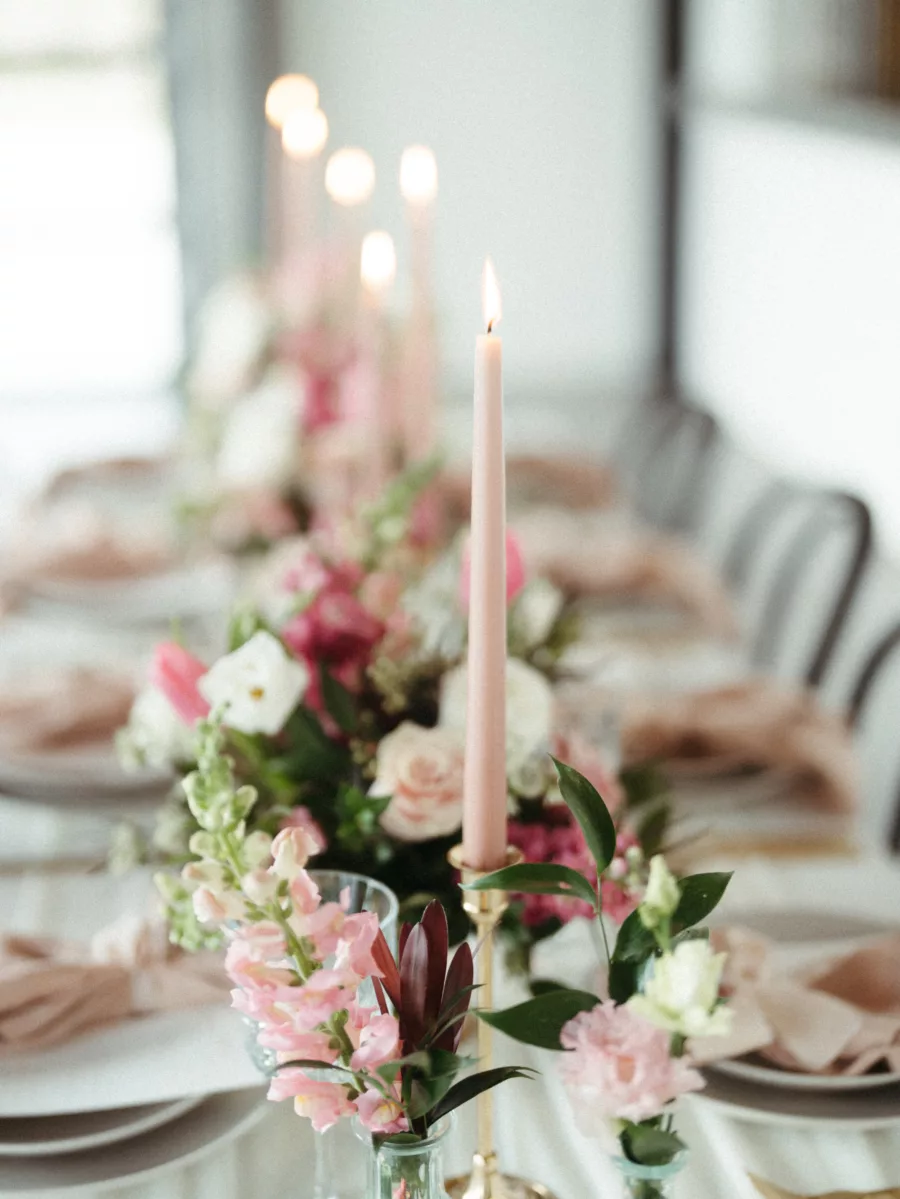 Romantic Pink Wedding Reception Tablescape Place Setting Inspiration | White Anemone, Pink Roses, Tulips, and Stock Flower, Pink Taper Candle Centerpiece Decor Ideas | Tampa Bay Florist Save The Date Florida