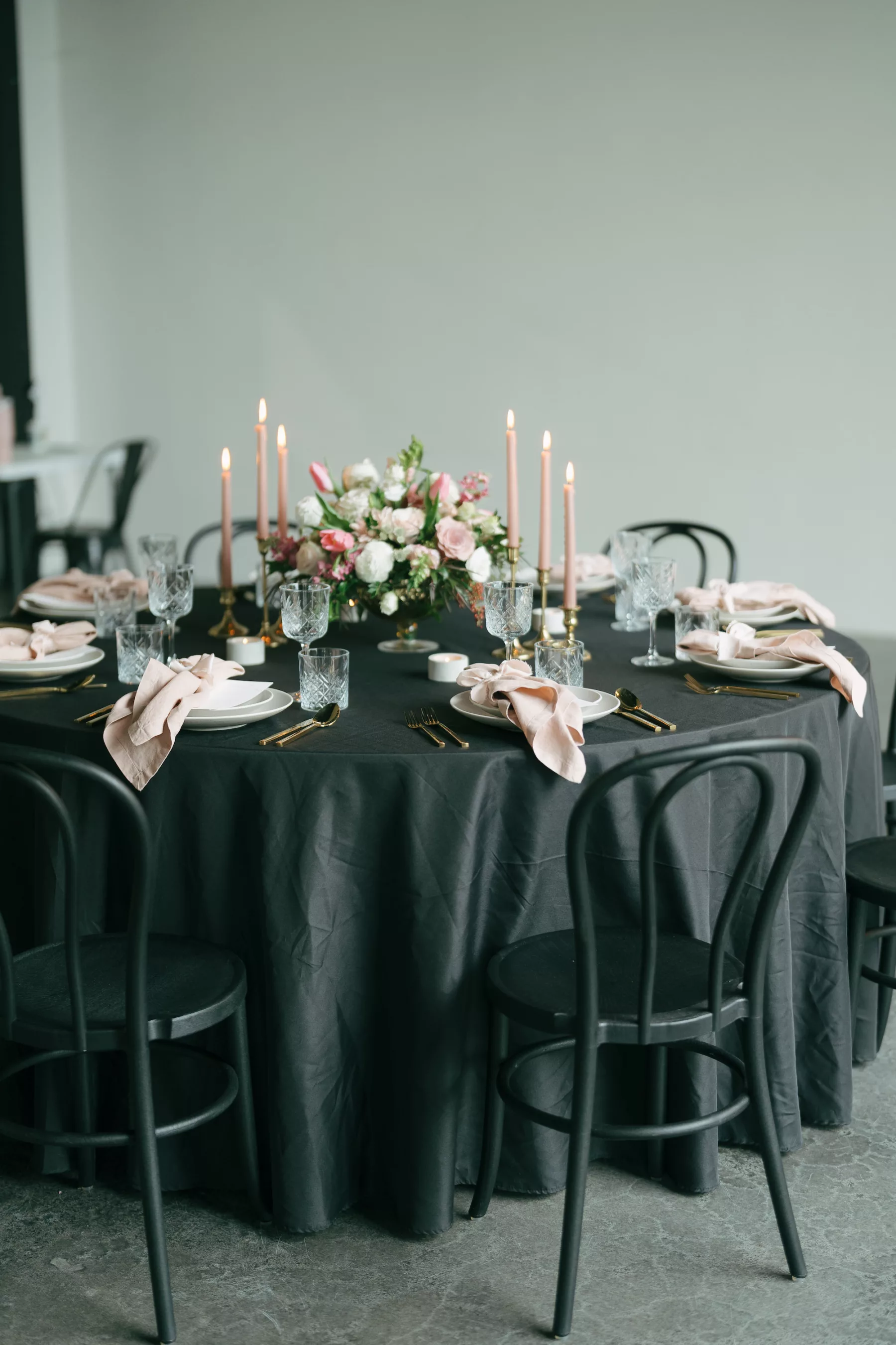 Romantic Blush Pink and Black Wedding Reception Tablescape Place Setting Decor Ideas | Tampa Bay Florist Save the Date Florida