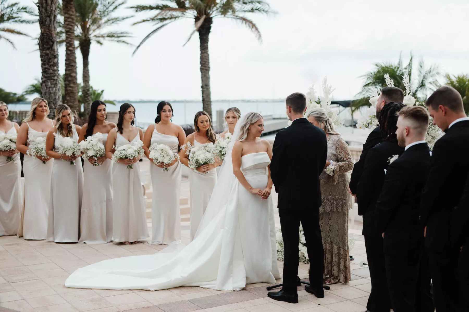 Bride and Groom Vow Exchange Wedding Portrait | Timeless Monochromatic Outdoor Oceanview Wedding Ceremony Ideas | Tampa Bay Event Venue Westshore Yacht Club