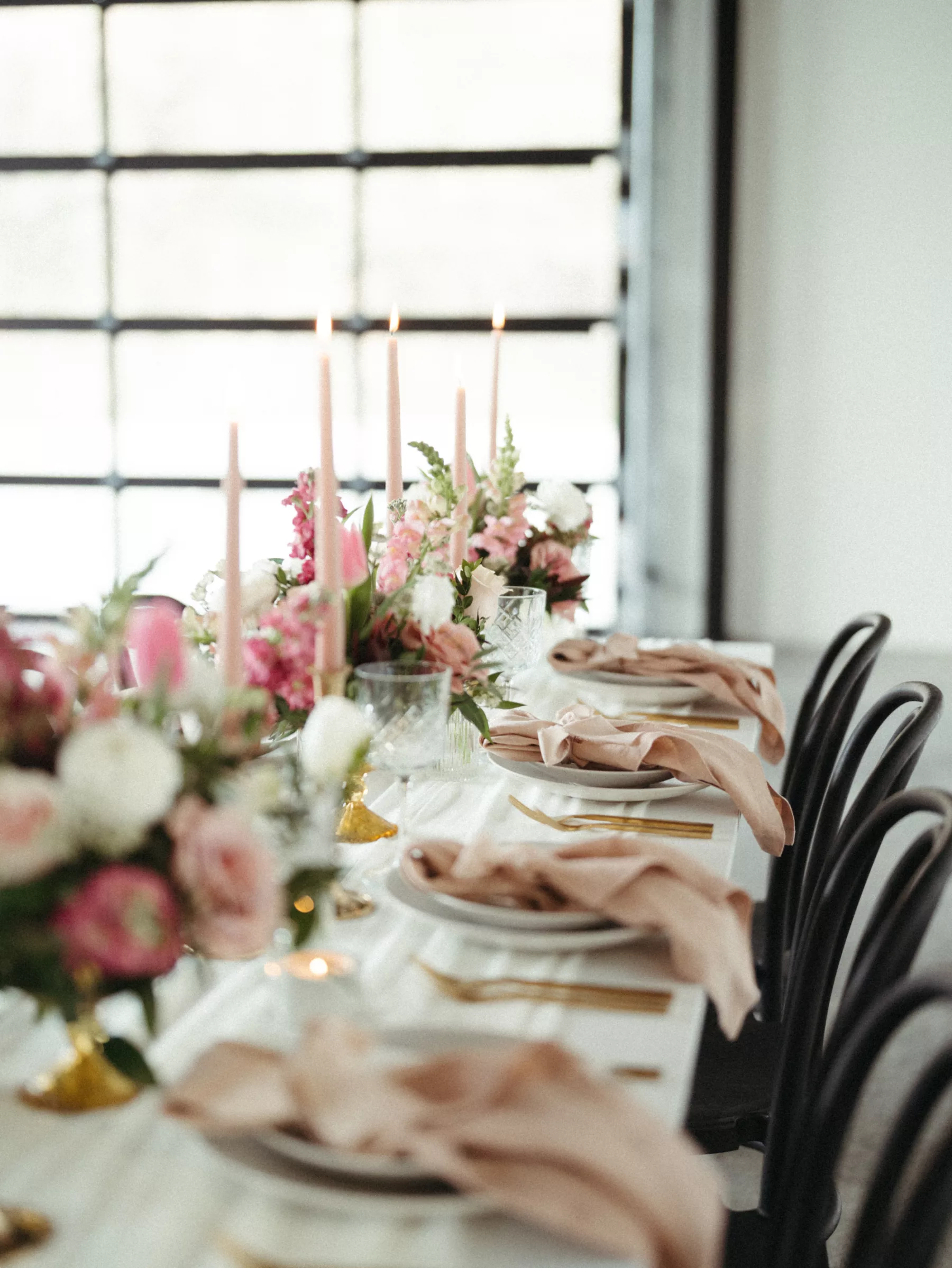 Romantic Pink Wedding Reception Tablescape Place Setting Inspiration | White Anemone, Pink Roses, Tulips, and Stock Flower Centerpiece Decor Ideas | Tampa Bay Florist Save The Date Florida