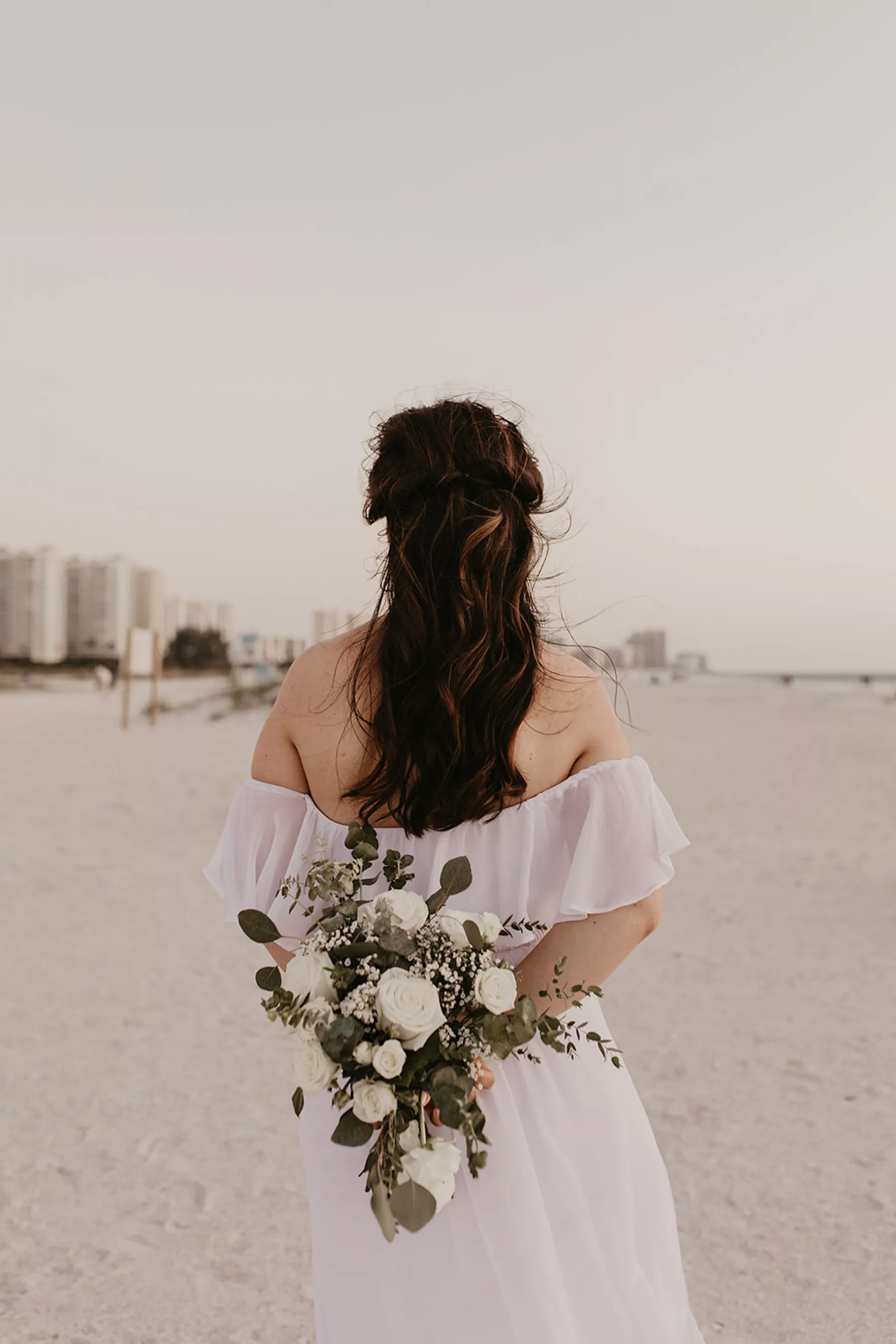 Spring Beach Wedding Bouquet Ideas | White Roses, Baby's Breath, and Greenery Floral Arrangement Inspiration | Tampa Bay Florist Lemon Drops