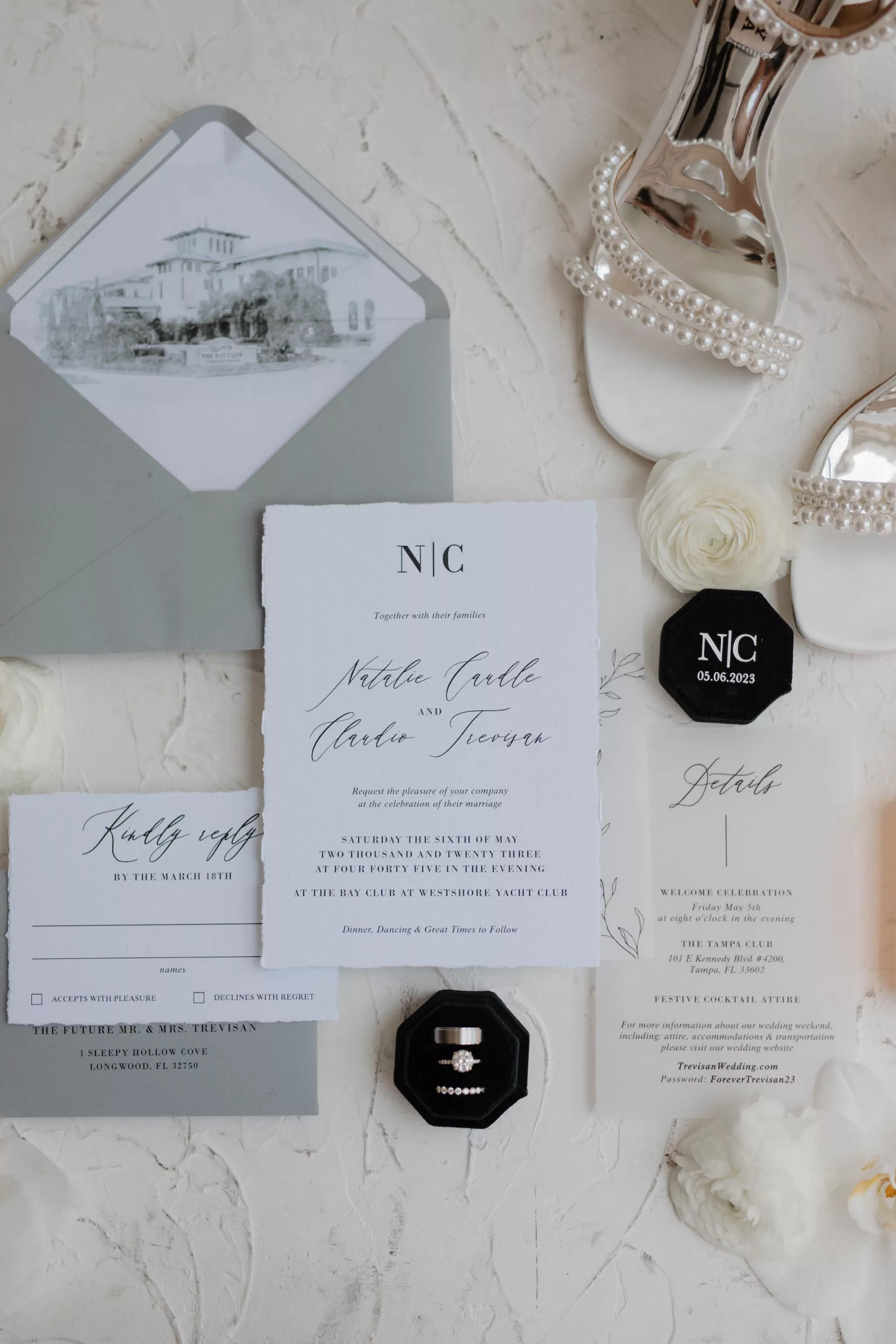 Timeless White and Black Raw Edge Wedding Invitation Suite Ideas with Custom Venue Sketch of Westshore Yacht Club