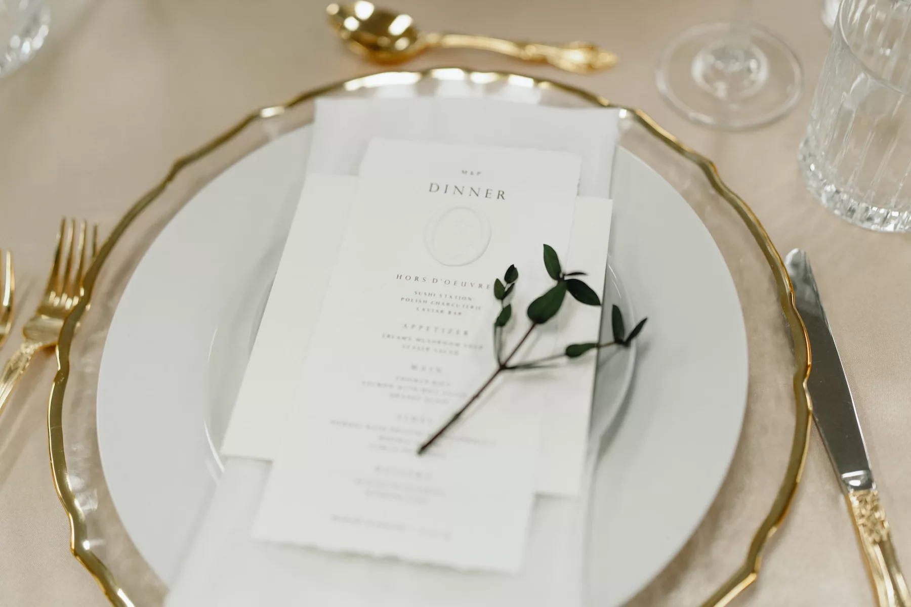 White and Gold Wedding Reception Menu Card and Greenery Sprig Ideas | Neutral Gold Place Setting Inspiration | Tampa Bay Kate Ryan Event Rentals