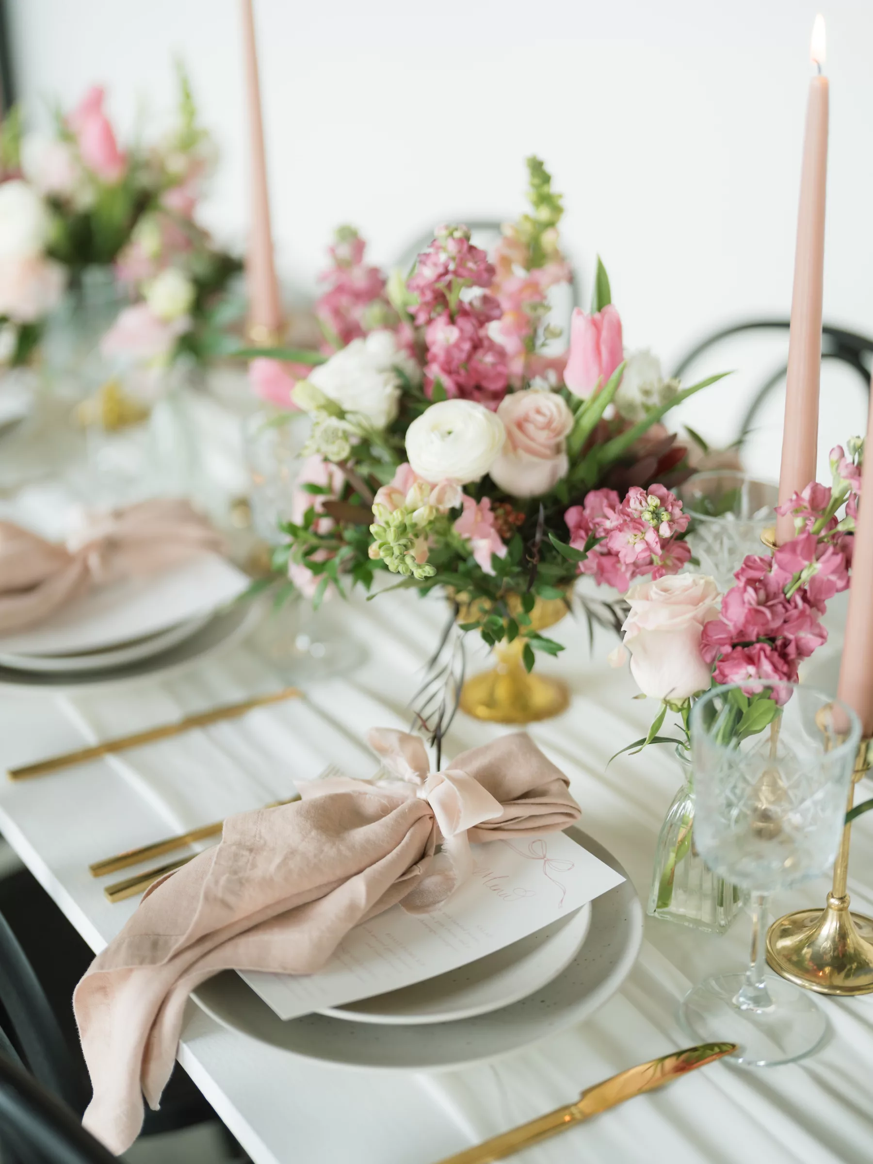 Romantic Pink Wedding Reception Tablescape Place Setting Inspiration | White Anemone, Pink Roses, Tulips, and Stock Flower Centerpiece Decor Ideas | Tampa Bay Florist Save The Date Florida