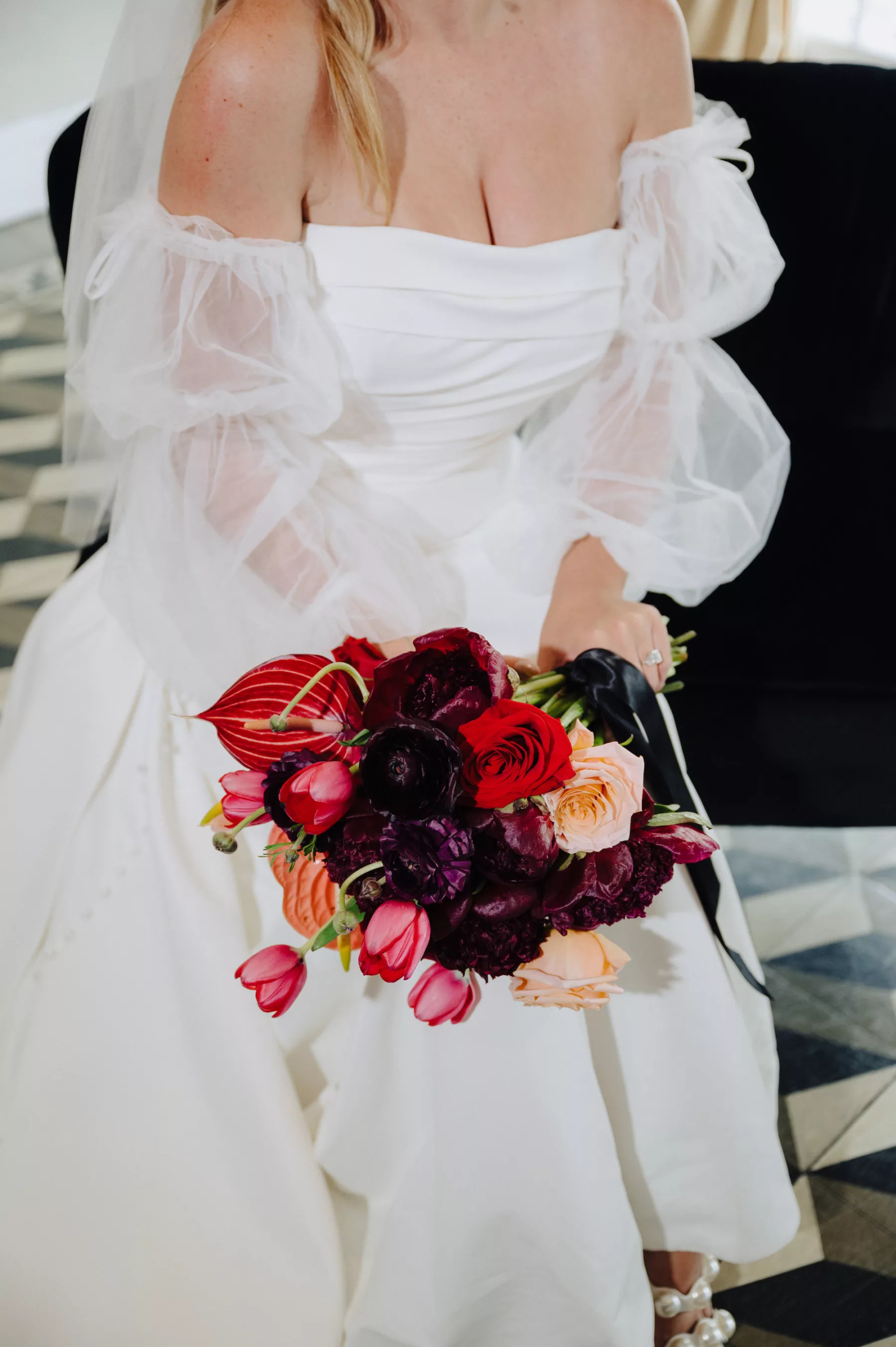 Classic White Strapless Wedding Dress with Tulle Removable Sleeves Inspiration | Bold Spring Bridal Bouquet with Red Anthurium and Roses, Pink Tulips | Tampa Bay Florist Save The Date Florida