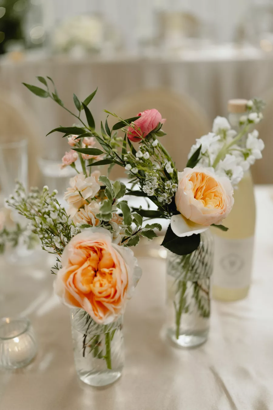 Classic Blush Pink Garden Rose, Baby's Breath, and Greenery Wedding Reception Centerpiece Bud Vase Decor Ideas