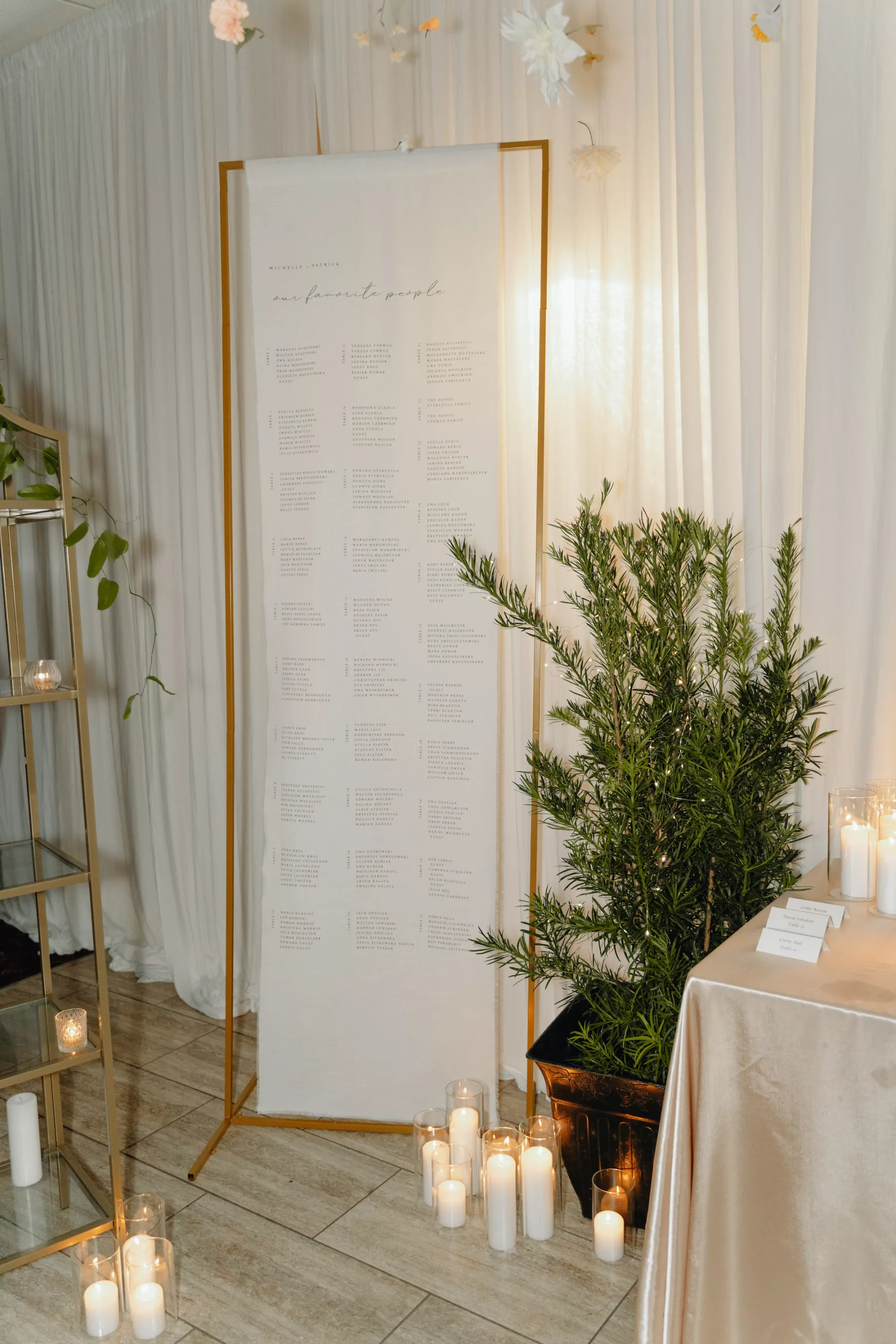 Elegant White and Gold Wedding Reception Seating Chart Banner Ideas