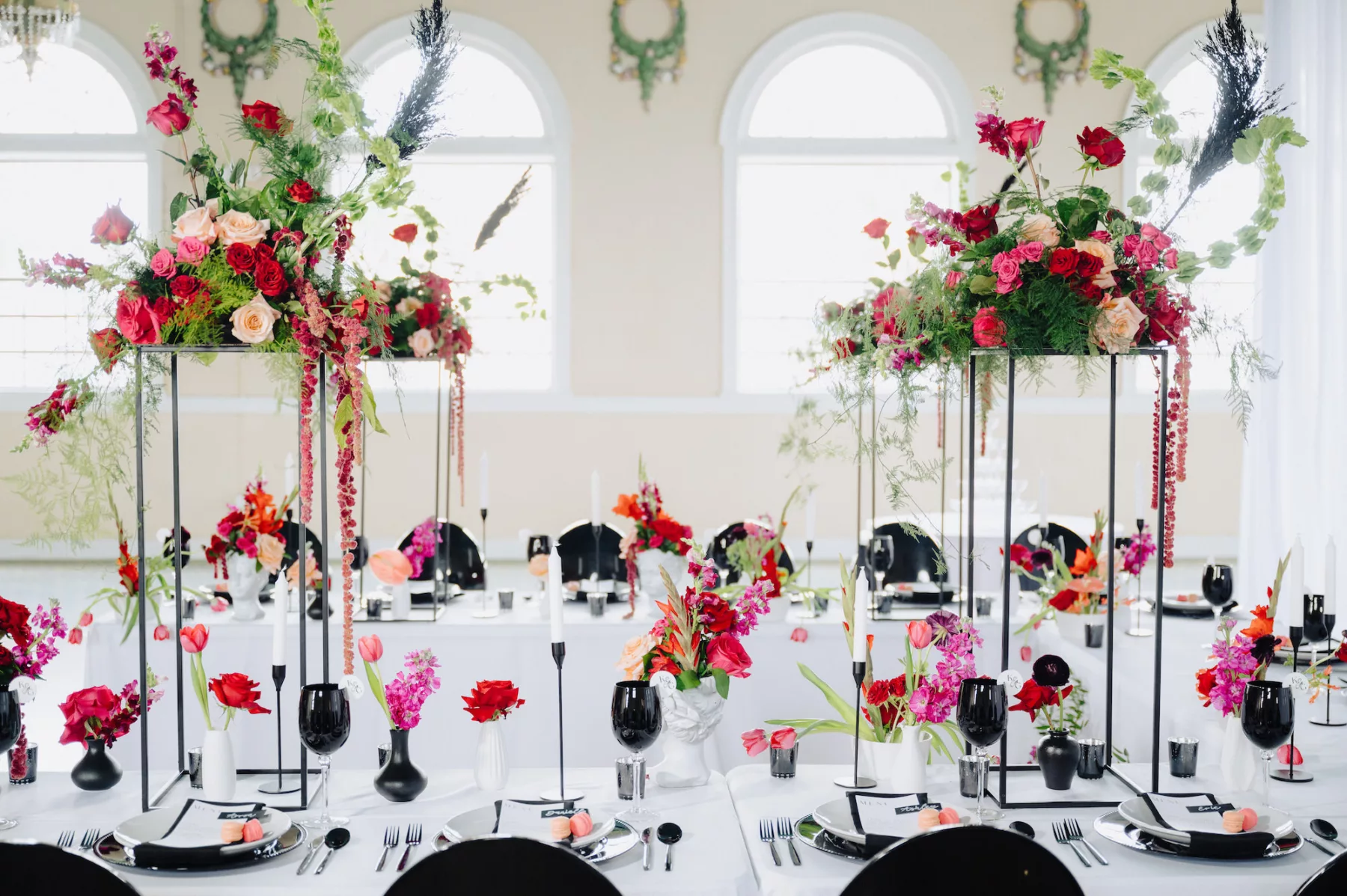Modern Black and Pink Italian Inspired Wedding Reception | U-Shaped Table Setting | Greenery, Pink and Red Rose Flower Arrangement Decor Ideas | Tampa Bay Florist Save The Date Florida | Ybor Event Planner Eventfull Weddings