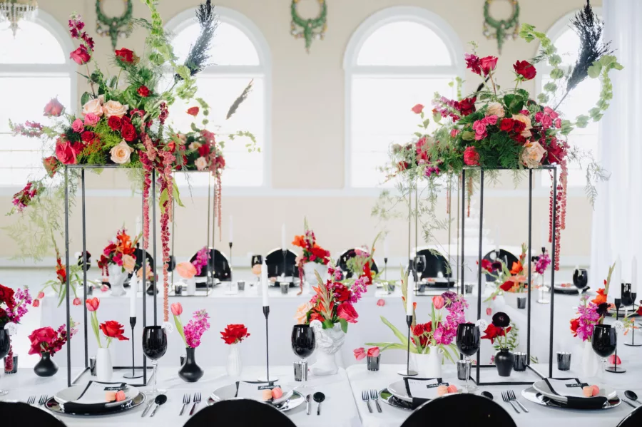 Modern Black and Pink Italian Inspired Wedding Reception | U-Shaped Table Setting | Greenery, Pink and Red Rose Flower Arrangement Decor Ideas | Tampa Bay Florist Save The Date Florida | Ybor Event Planner Eventfull Weddings