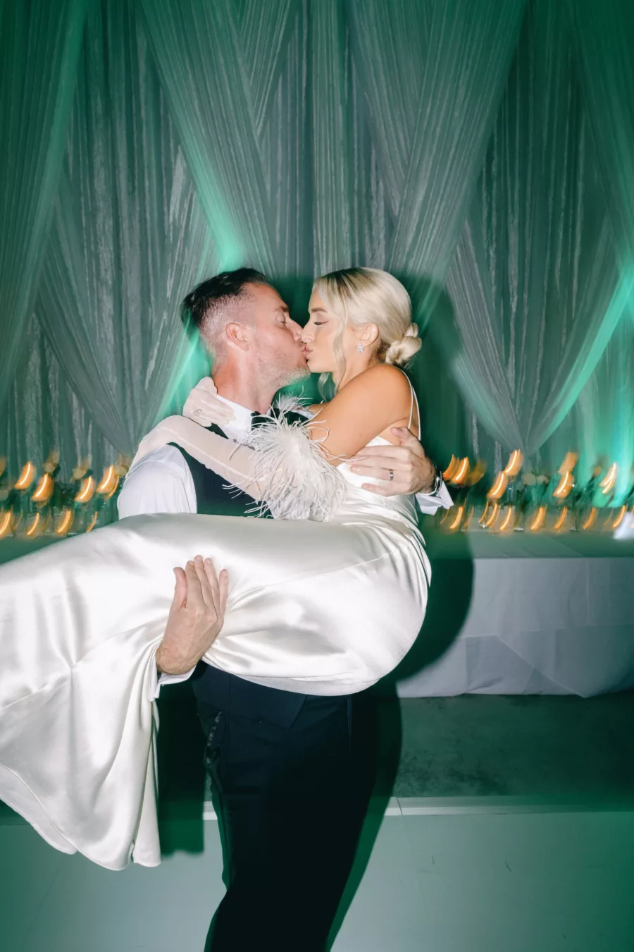 Bride and Groom Last Dance Wedding Portrait | White Satin Reception Dress with Feather Gloves Inspiration | Tampa Bay DJ Grant Hemond and Associates
