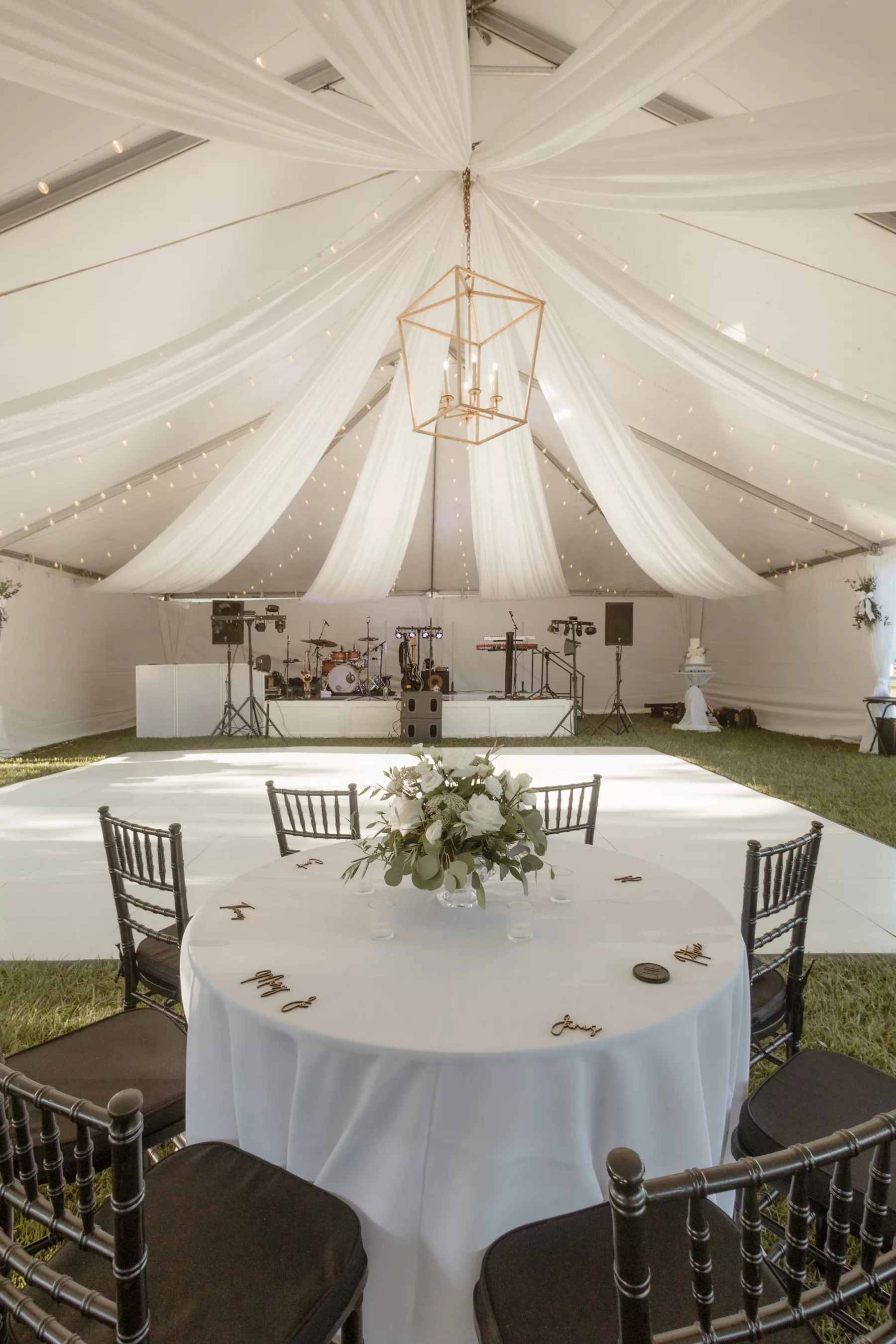 Timeless Tented Fall Wedding Reception with White Drapery and Dancefloor Inspiration