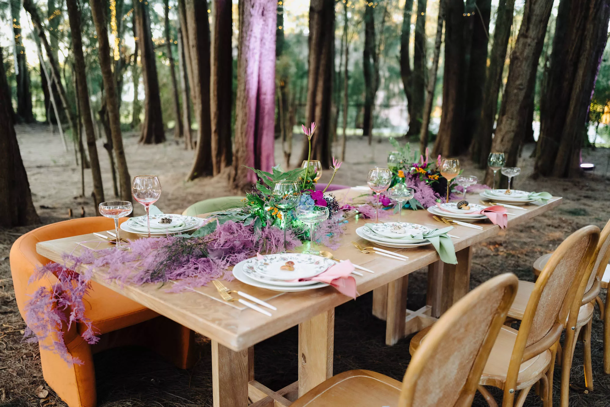 Whimsical Forest Wedding Reception Tablescape Centerpiece Ideas with Purple Ferns, Blue Hydrangeas, and Purple Orchids | Tampa Bay Event Planner Wilder Mind Events | Outdoor Private Estate Wedding Venue Royal Pine Estate