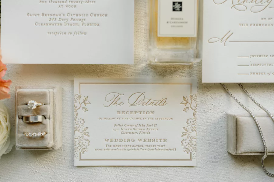 Classic White and Champagne Embossed Wedding Invitation Suite Ideas