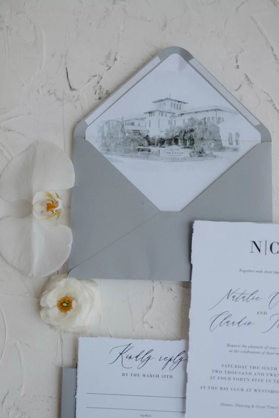 Modern Watercolor Wedding Venue Envelope Invitation Ideas with Custom Venue Drawing of Westshore Yacht Club