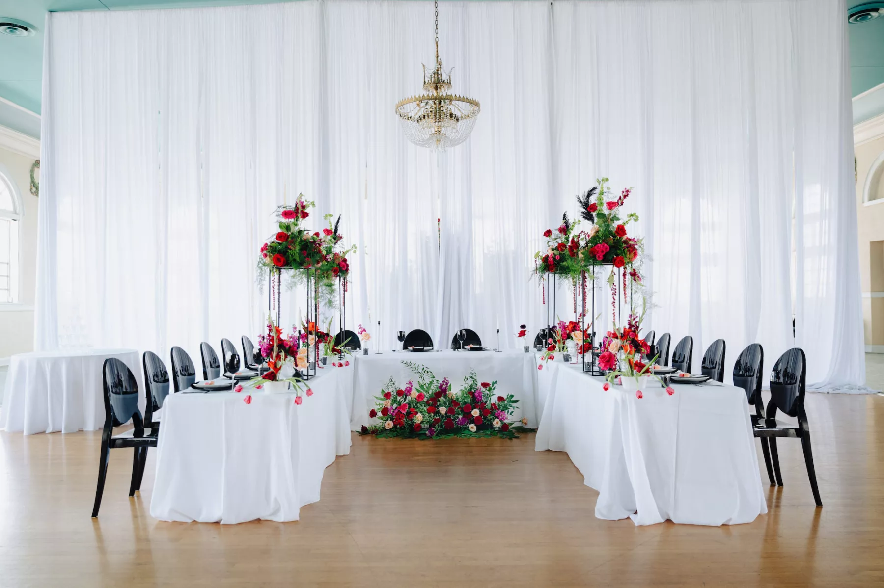 Intimate Modern Black and Pink Italian Inspired Wedding Reception | U-Shaped Table Setting | Greenery, Pink and Red Rose Flower Arrangement Decor Ideas | Tampa Bay Florist Save The Date Florida | Ybor Event Planner Eventfull Weddings | Rentals A Chair Affair | Venue Cuban Club