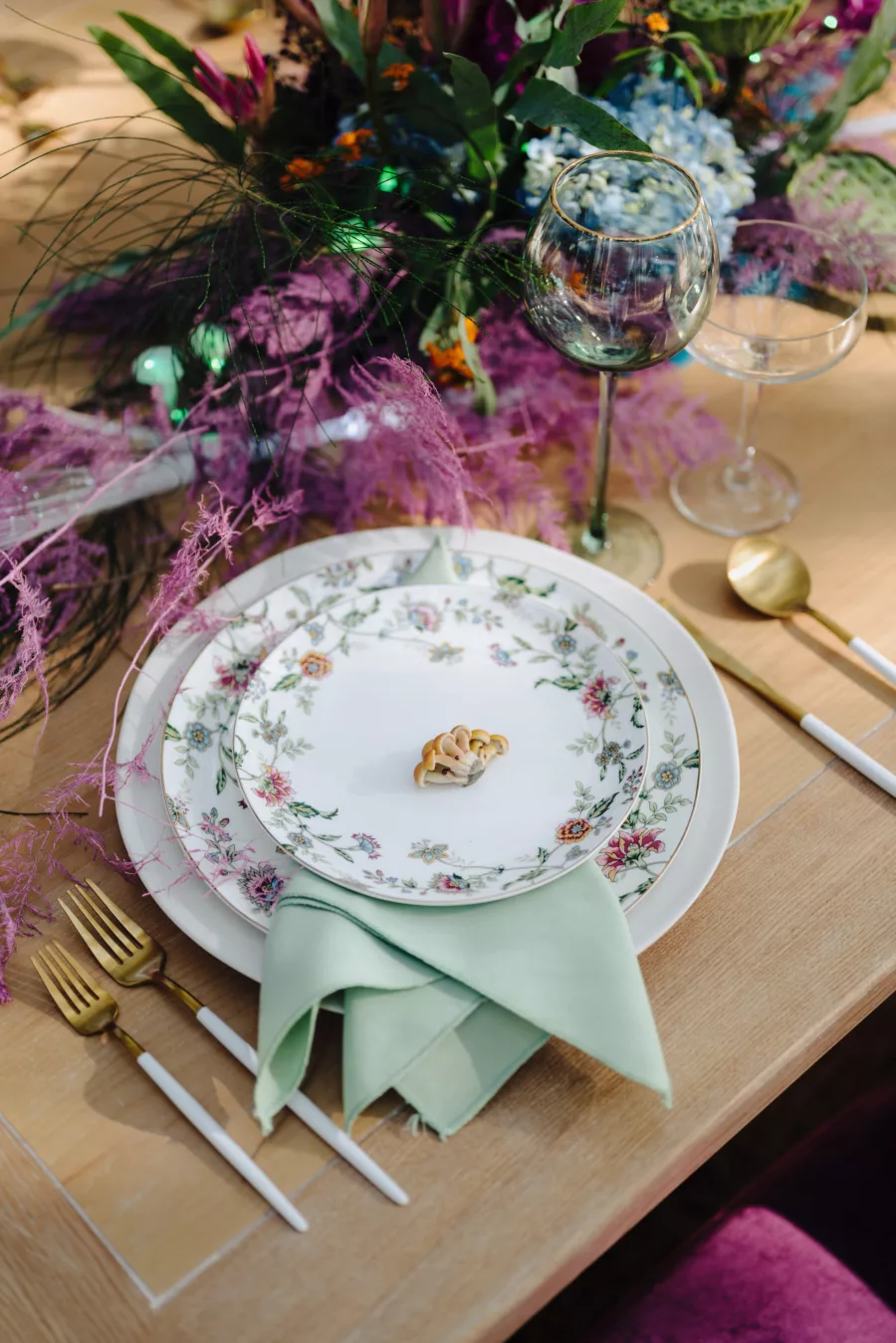 Whimsical Wedding Reception Floral Vintage Place Setting with Mushroom Decor Ideas | Tampa Planner Wilder Mind Events