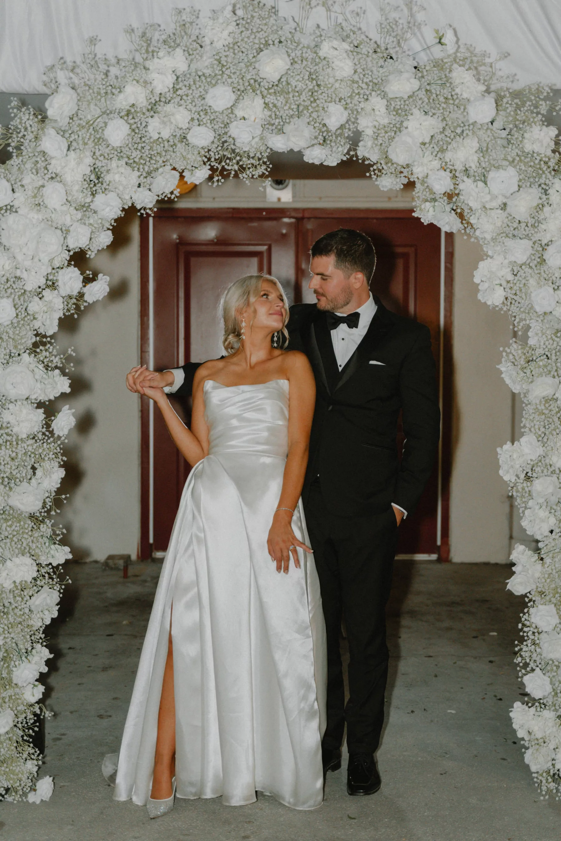 White Rose and Baby's Breath Italian Inspired Wedding Reception Arch Ideas | Classic White Strapless A-Line Ballgown Pavane Couture Wedding Dress Inspiration