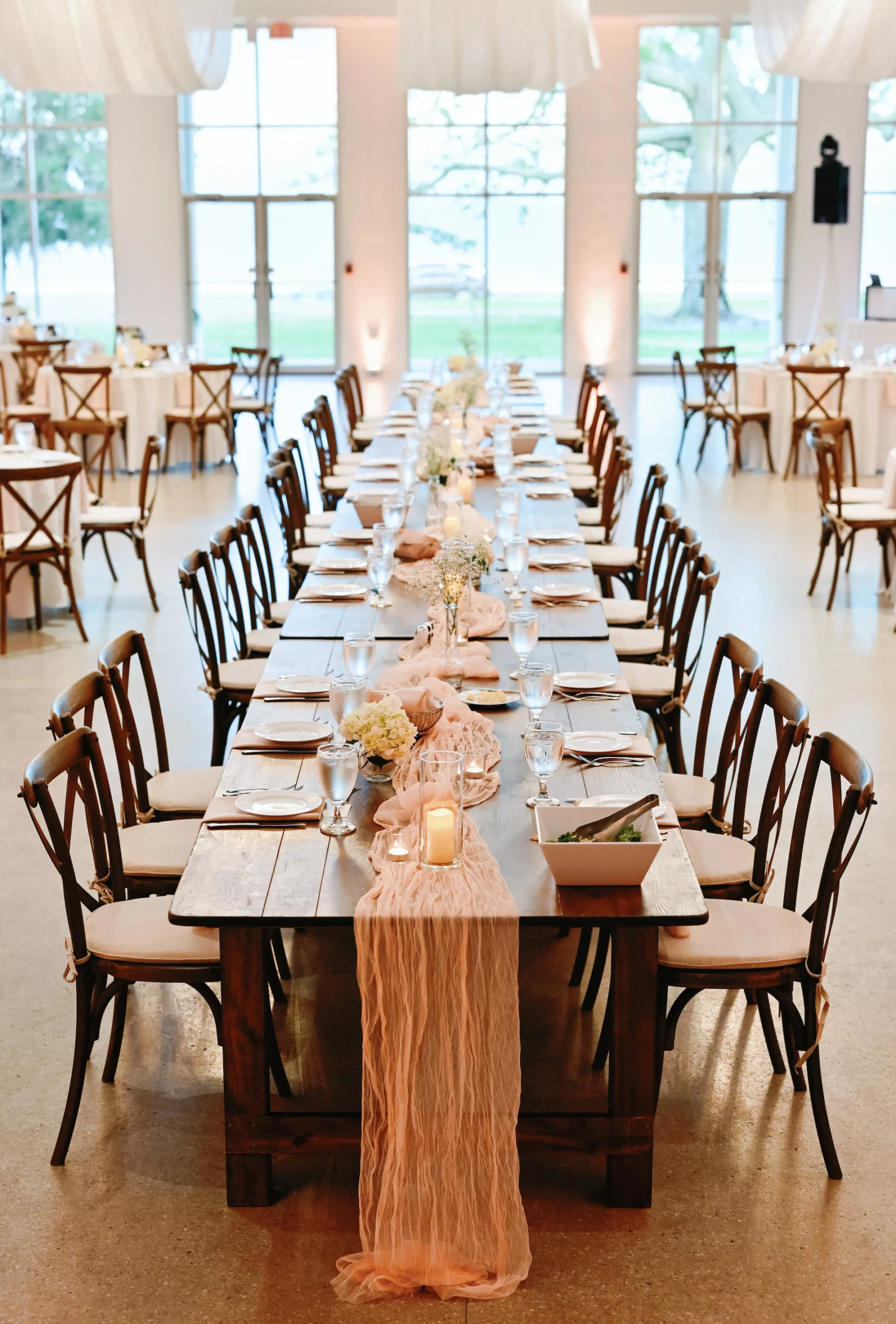 Neutral Vintage Indoor Wedding Reception Long Feasting Table Dining Inspiration | Venue Tampa Garden Club