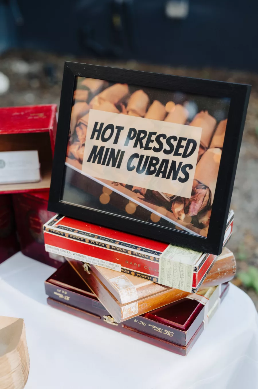 Hot Pressed Cubans Sign with Cigar Box Wedding Reception Decor Ideas