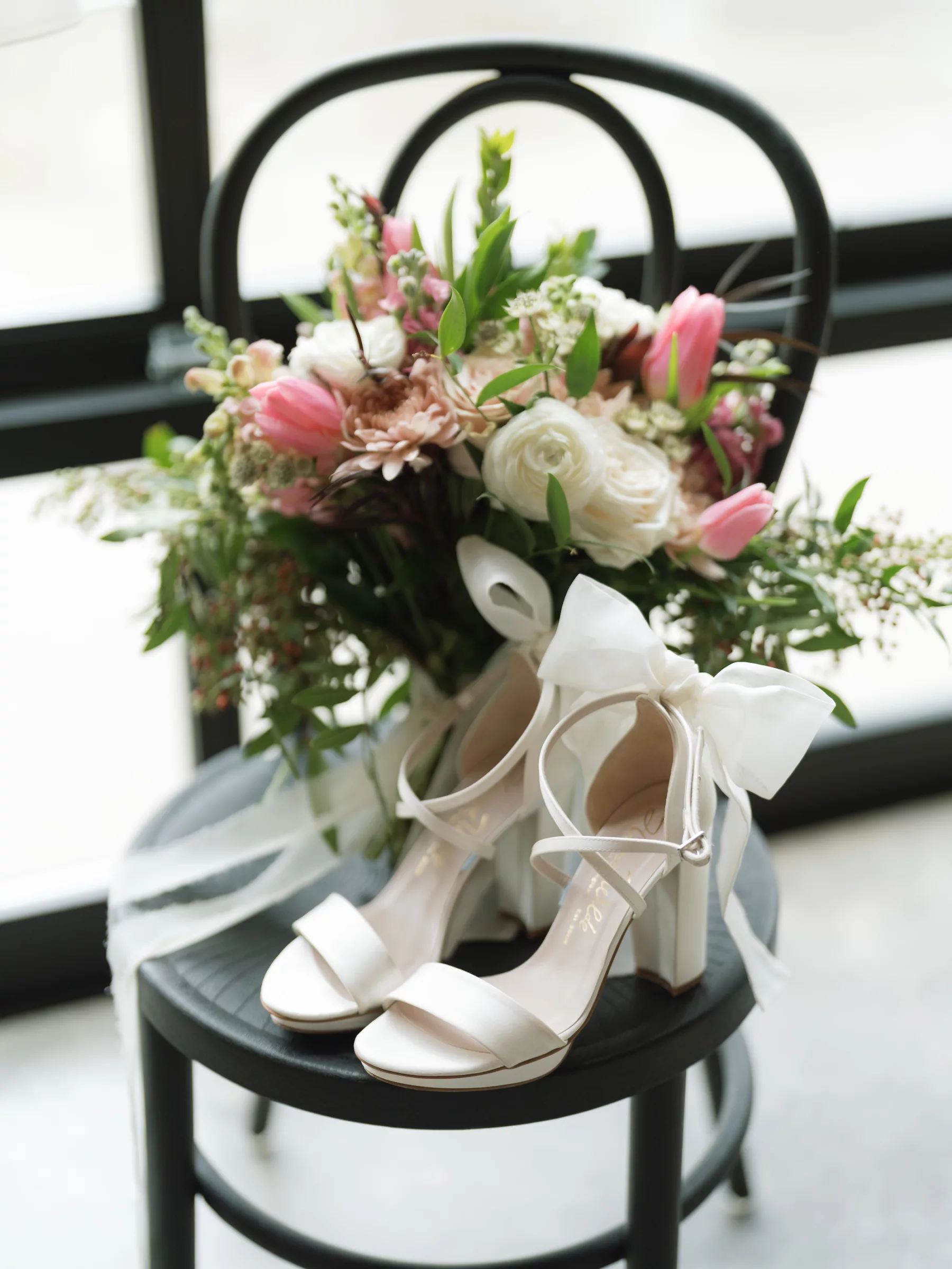 Harriet Wilde Bow Wedding Shoe Ideas | White Roses, Pink Tulips, Chrysanthemum, and Greenery Bouquet Inspiration | Tampa Bay Florist Save The Date Florida