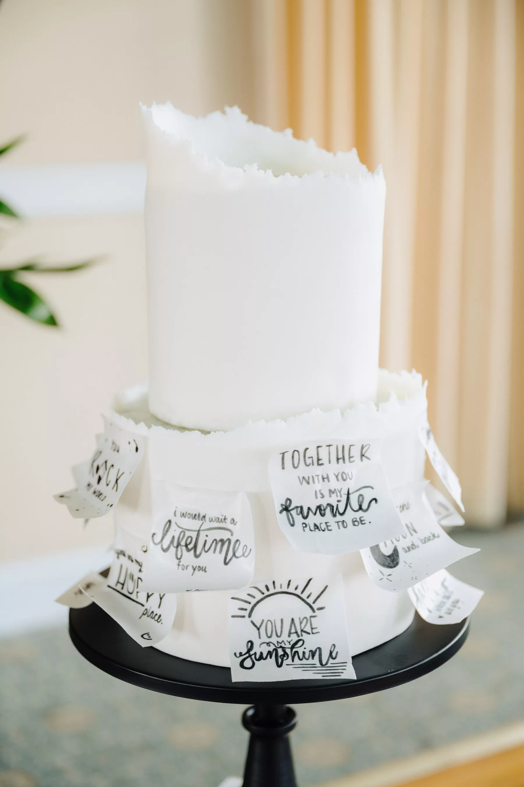 Unique Edible White Raw Edge Love Letter Wedding Cake Ideas
