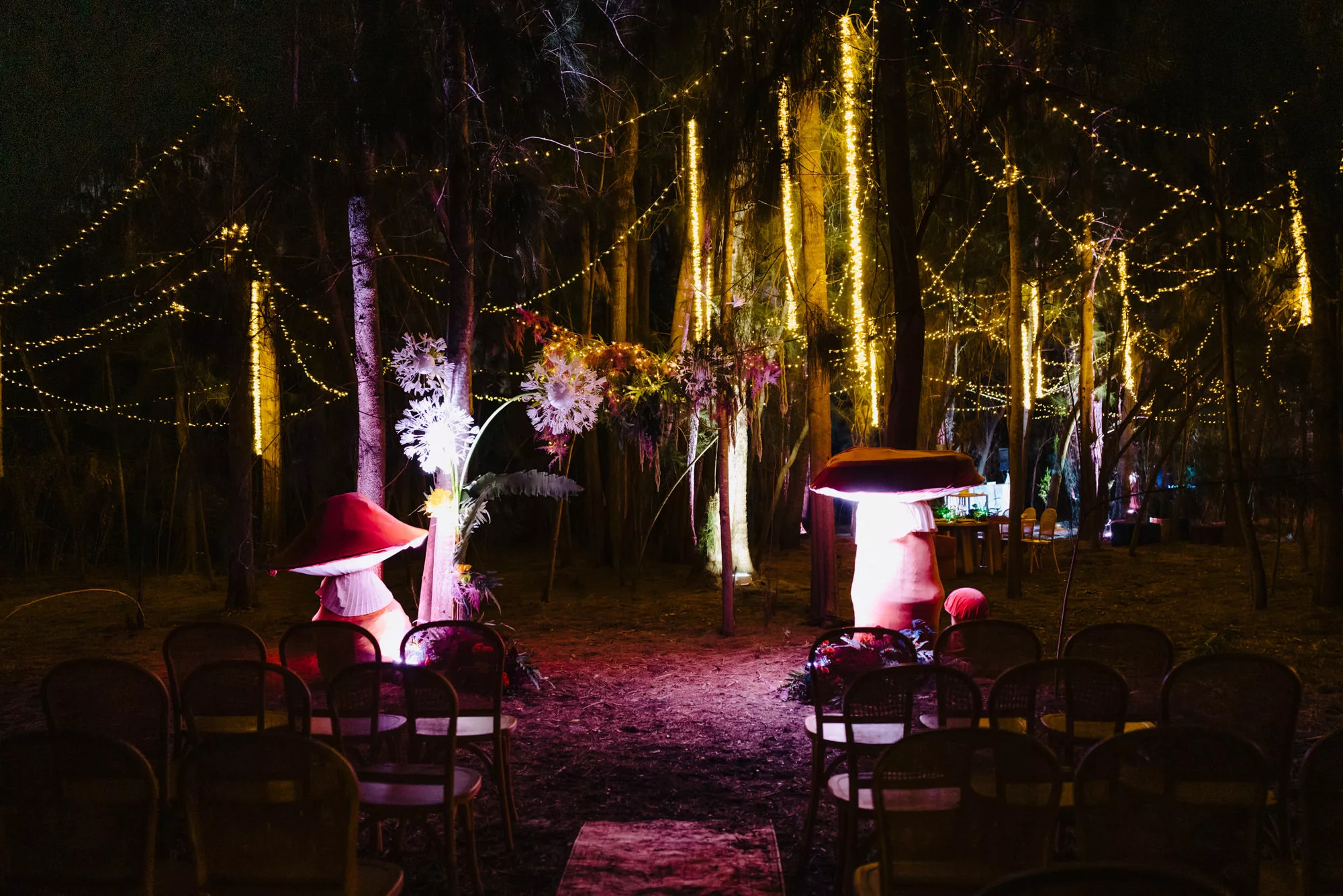 Evening Forest Wedding Ceremony with Tree Uplighting Ideas | Tampa Bay Event Venue Royal Pines Estate
