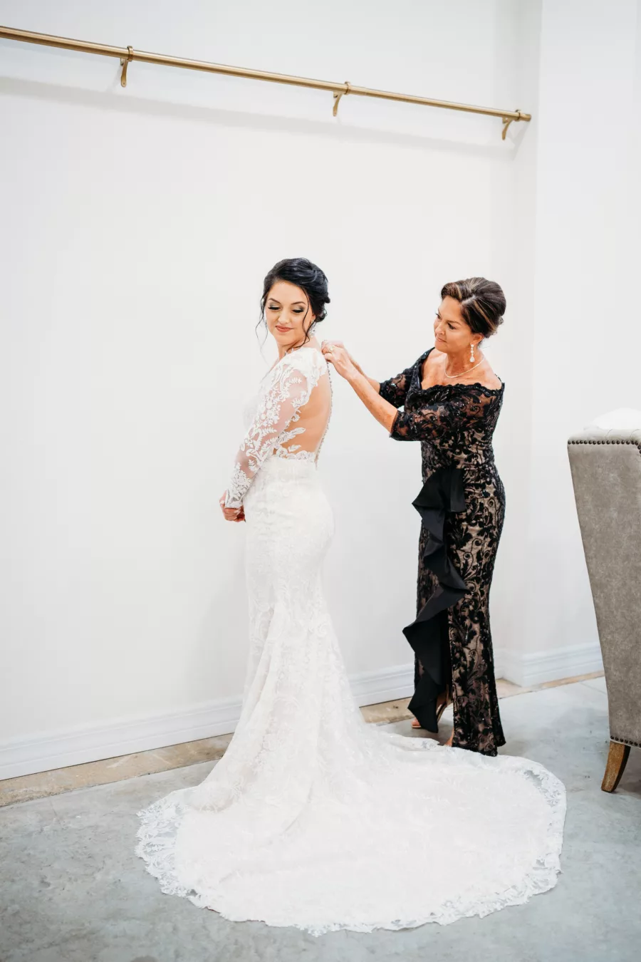 Bride and Mother Getting Ready Wedding Portrait | Black Lace Off The Shoulder Mother of the Bride Dress Ideas