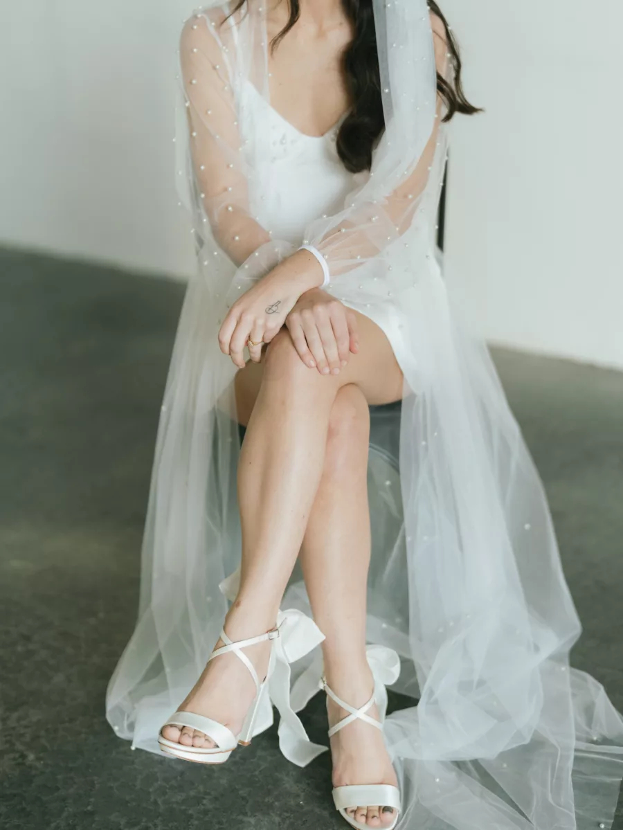 Wedding Day Bridal Get Ready Pearl Robe Ideas | Harriet Wilde Bow Wedding Shoe Inspiration