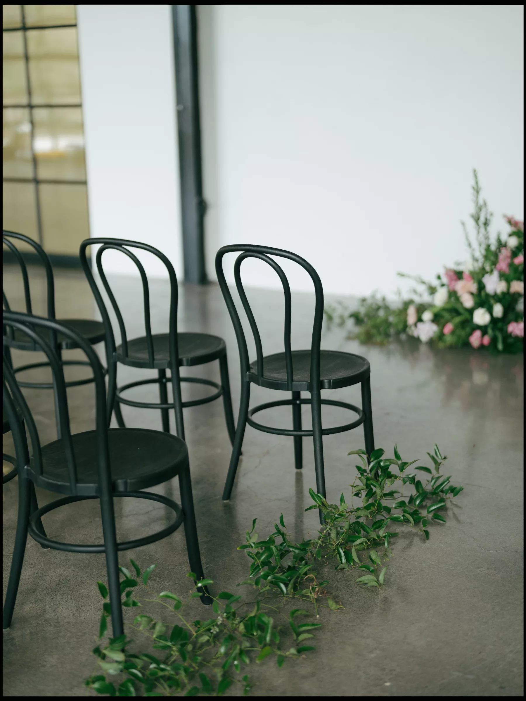Black Boho Wedding Ceremony Chair Ideas | Greenery Garland Aisle Decor Inspiration