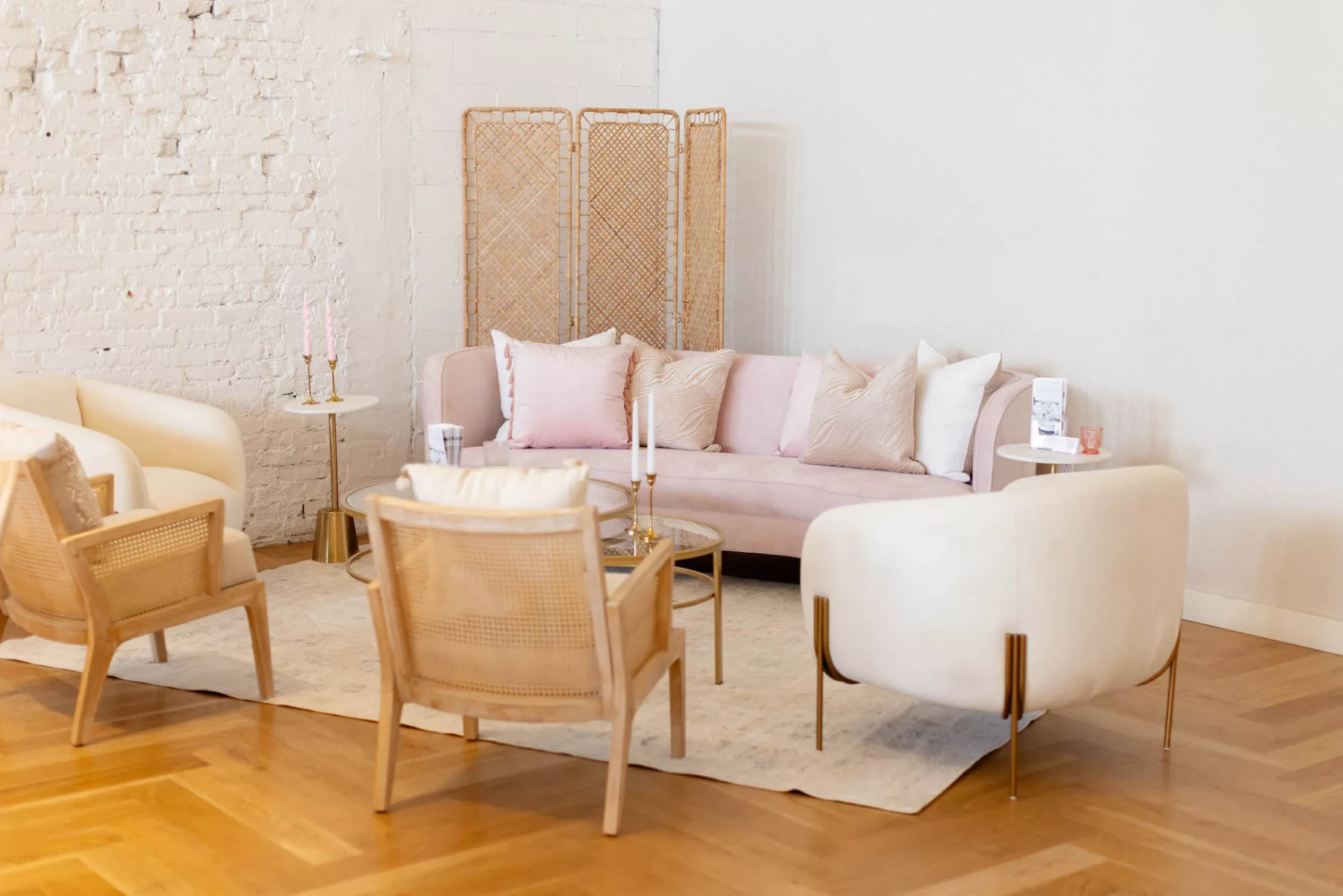 White and Pink Pastel Boho Wedding Reception Lounge Furniture Ideas