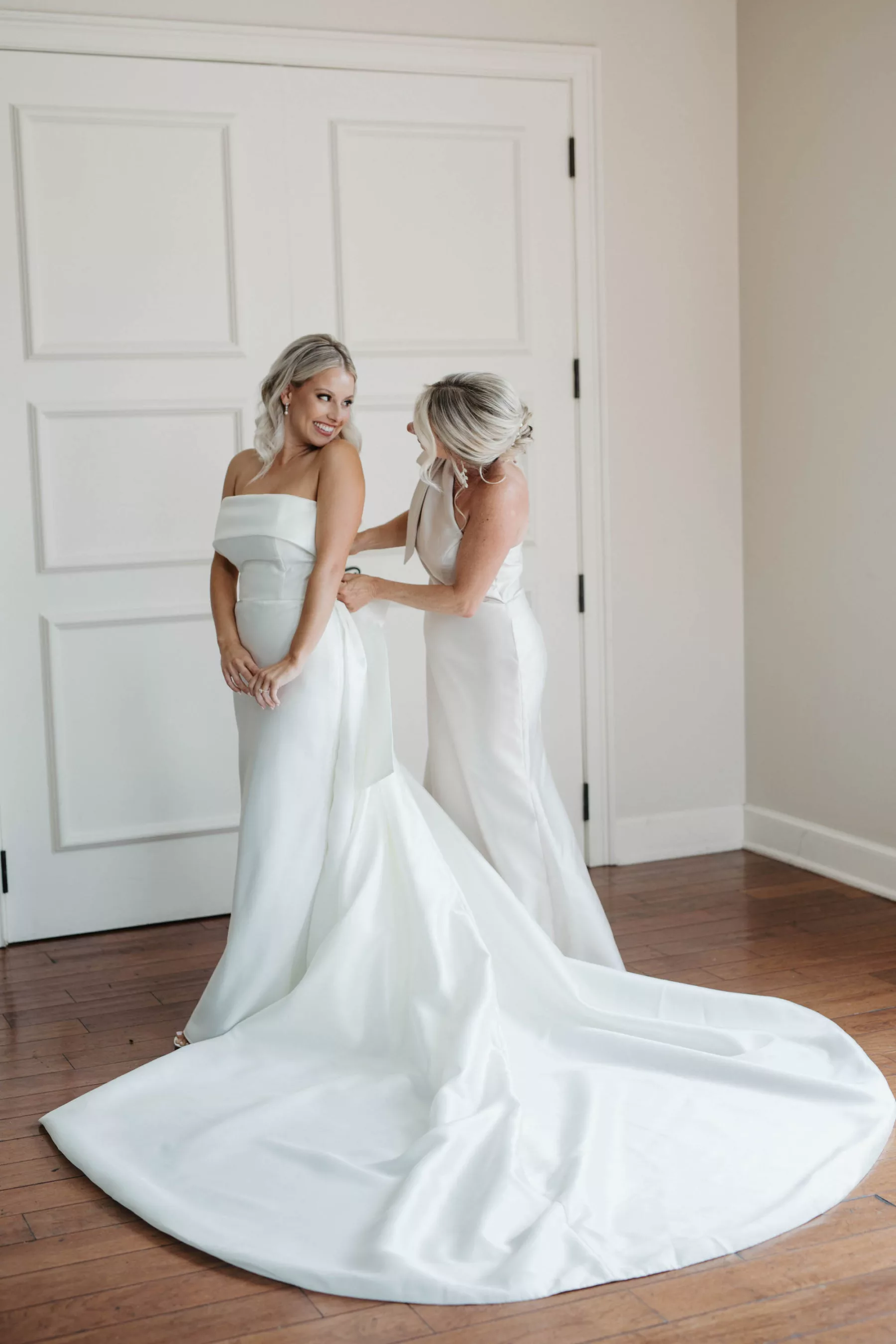 Bride Getting Ready Wedding Portrait | Classic, Elegant Strapless Satin A-Line Eva Lendel Wedding Dress Ideas