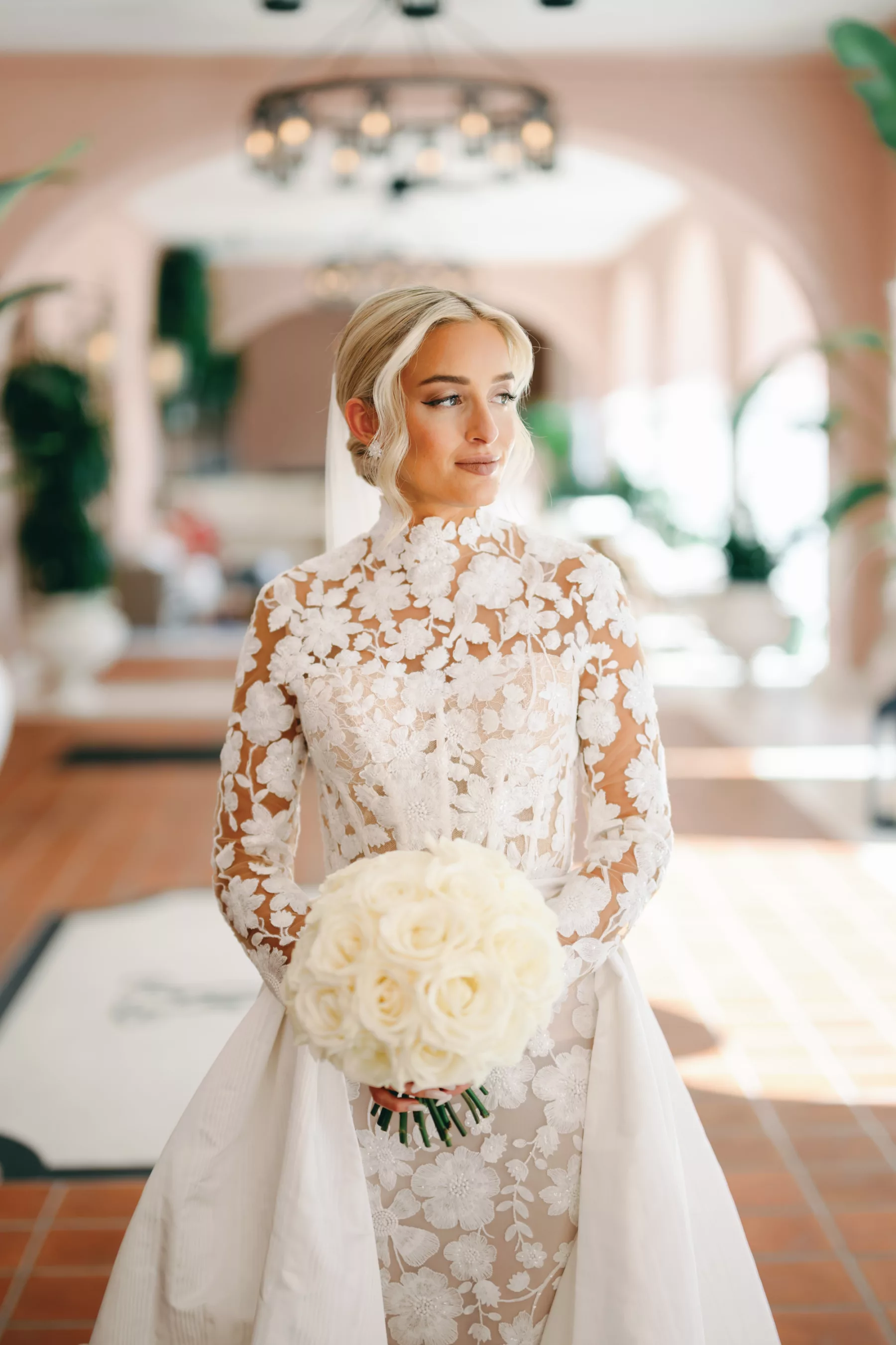 Long Sleeve Embroidered Flower Fit and Flare Anne Barge Solana Wedding Dress with Detachable Train Inspiration | White Rose Bridal Bouquet Ideas