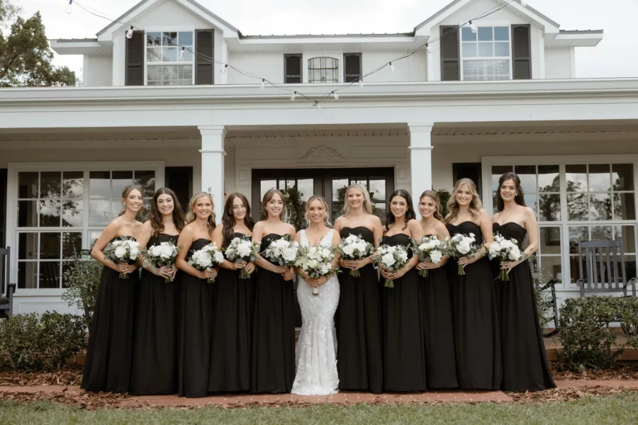 Matching Strapless Black Floor-length Bridesmaids Dresses | Timeless Black and White Wedding Attire Inspiration | Romantic Bridal Hair and Makeup Ideas | Central Florida Hair and Makeup Artist Femme Akoi Beauty Studio