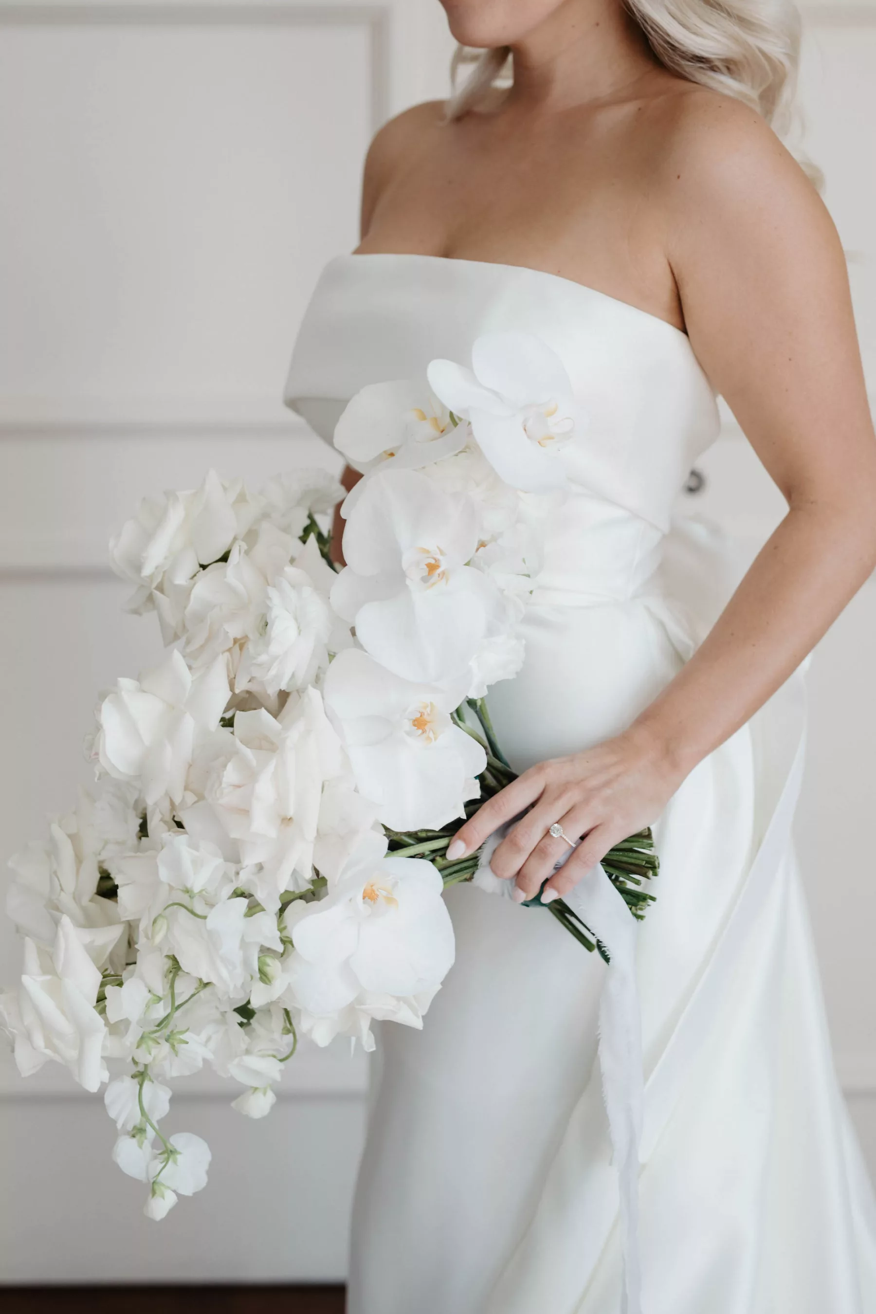 White Orchid and Rose Bridal Bouquet Ideas | Elegant Strapless Satin A-Line Eva Lendel Wedding Dress Ideas