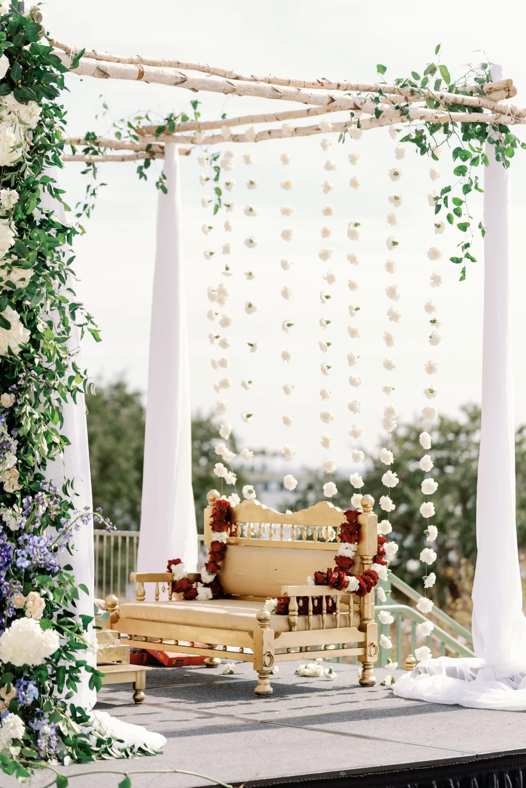 Hindu Haldi Indian Wedding Ceremony Decor Inspiration | White Flower String Garland Backdrop Ideas