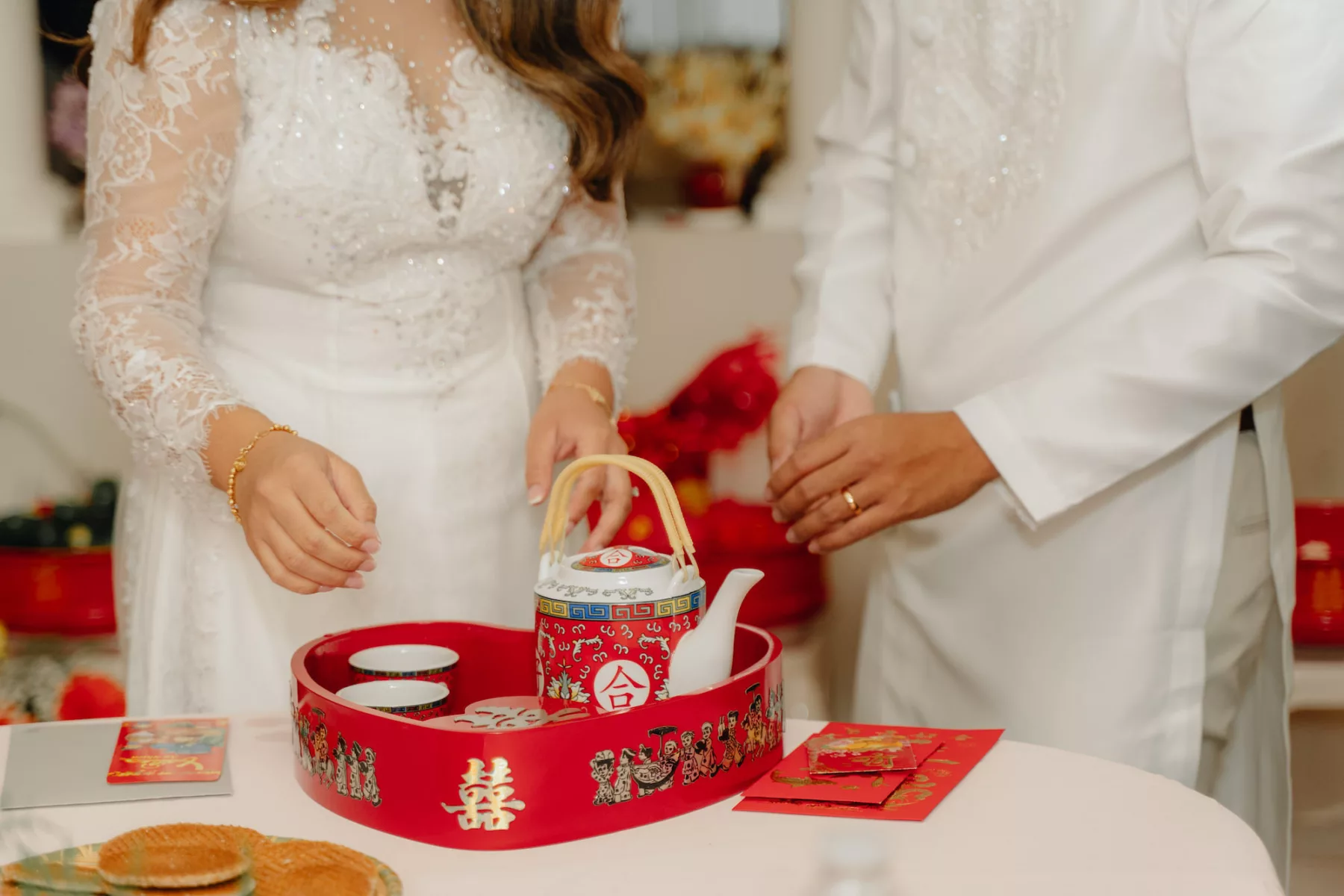 White Beaded Bridal Qi Pao Qipao Ideas | Groom's Ao Dai Wedding Attire Inspiration | Red Asian Tea Ceremony