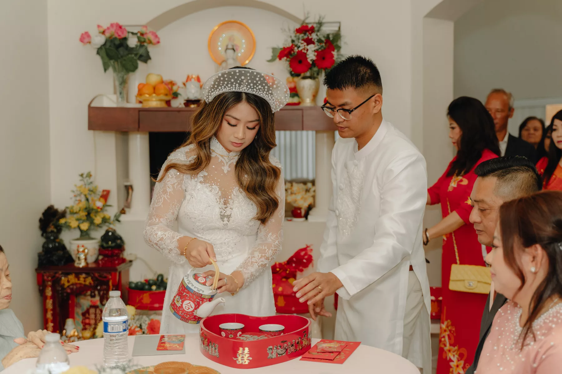 White Beaded Bridal Qi Pao Qipao Ideas | Groom's Ao Dai Wedding Attire Inspiration | Red Asian Tea Ceremony | Tampa Bay Photographer J&S Media