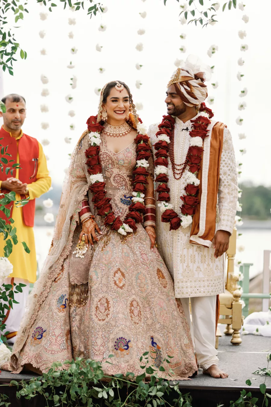 Bride and Groom Hindu Indian Wedding Ceremony Inspiration | Red Rose Varmala Ideas